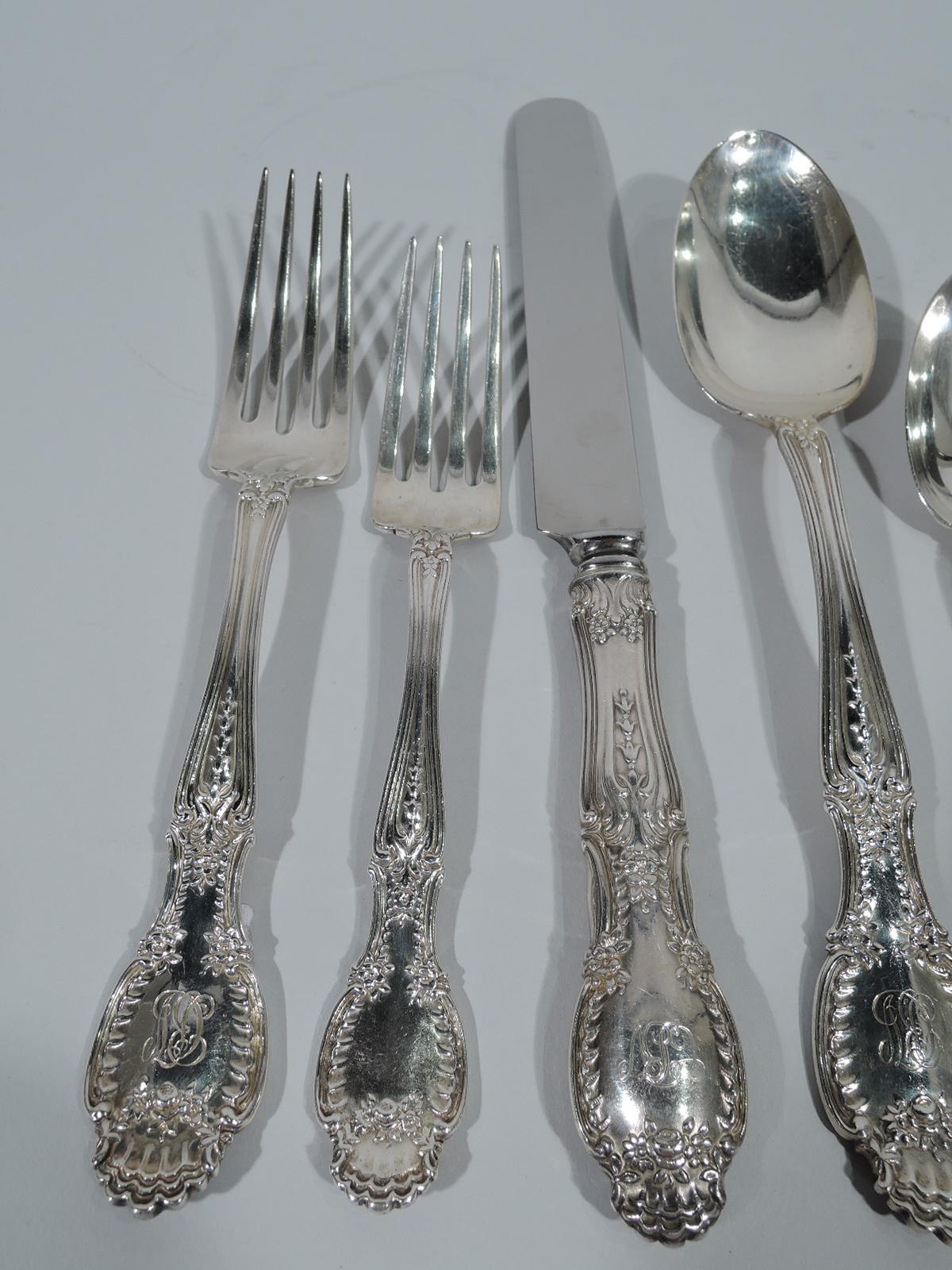 Antique sterling silver flatware set in Richelieu pattern. Made by Tiffany & Co. in New York. 

This set comprises 93 pieces (all dimensions in inches): Forks: 16 dinner forks (7 1/2) and 19 luncheon forks (6 3/4); Spoons: 12 teaspoons (5 3/4),