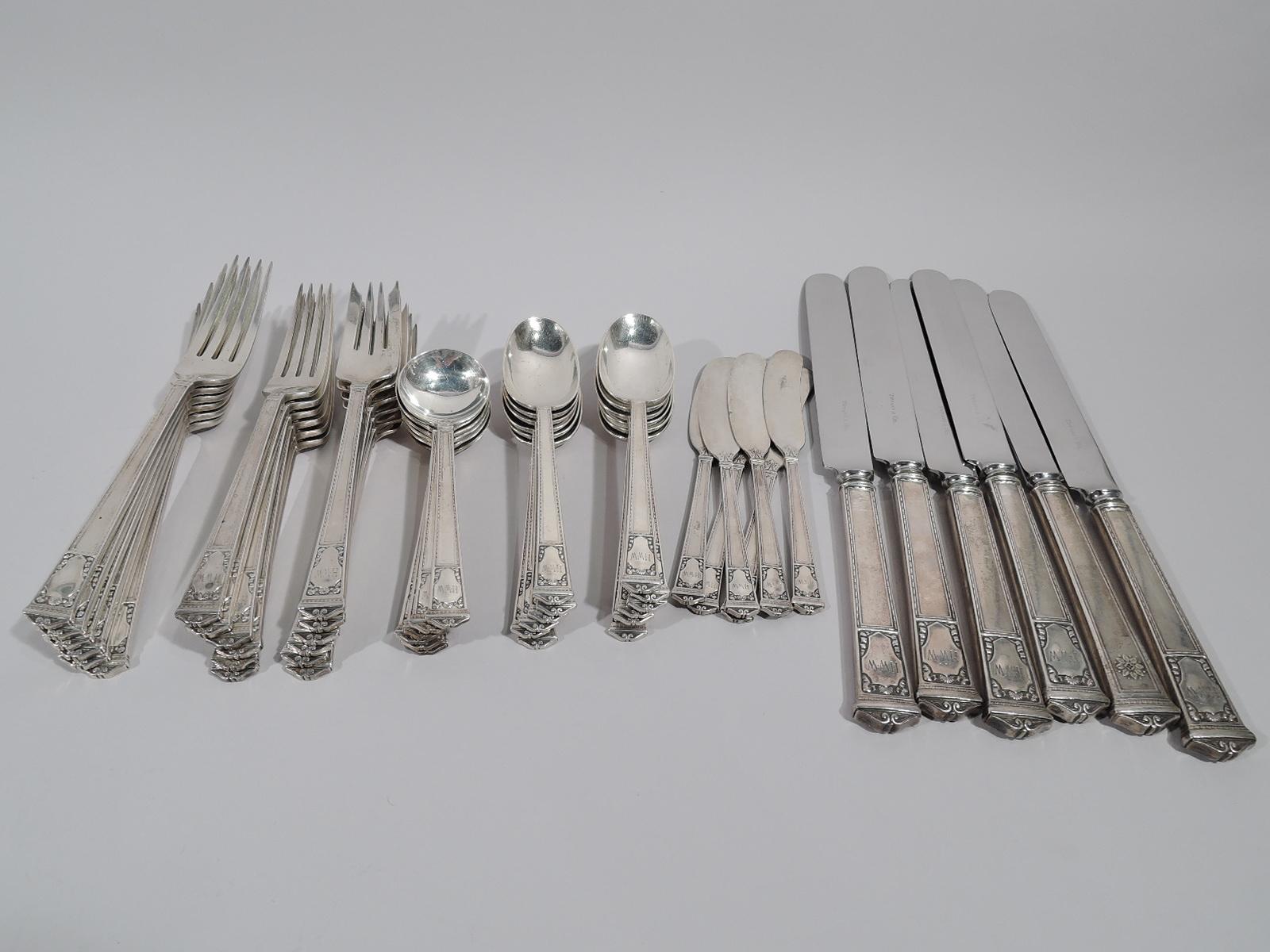 San Lorenzo sterling silver dinner set for six. Made by Tiffany & Co. in New York, circa 1925. This set comprises 48 pieces (dimensions in inches): Forks 6 dinner forks (7 5/8), 6 regular forks (7) and 6 salad forks (6 7/8), spoons 12 teaspoons (6)