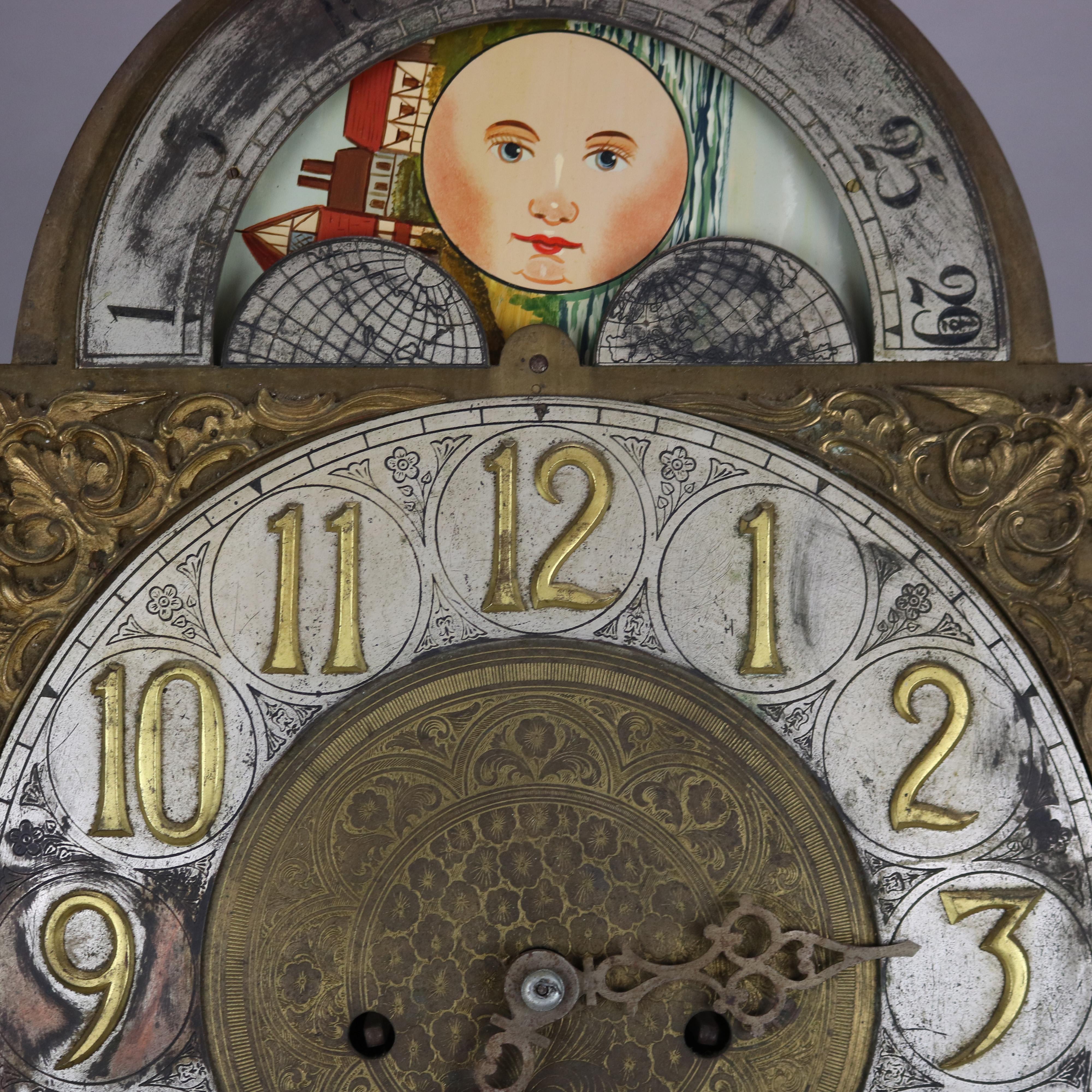 Hand-Painted Antique Tiffany School Brass Tall Case Clock Works with Moon Phase Dial 19thC