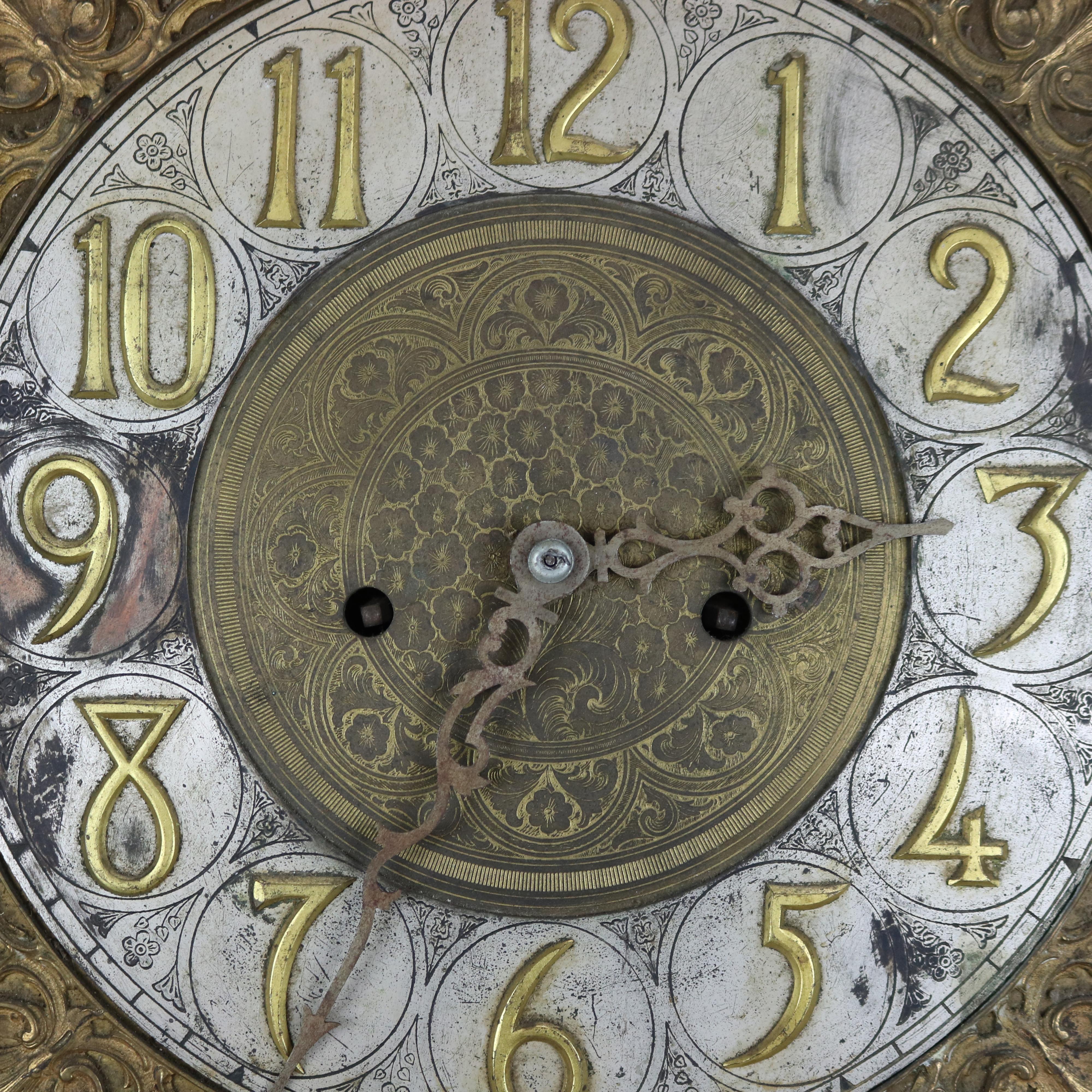 Antique Tiffany School Brass Tall Case Clock Works with Moon Phase Dial 19thC In Good Condition In Big Flats, NY