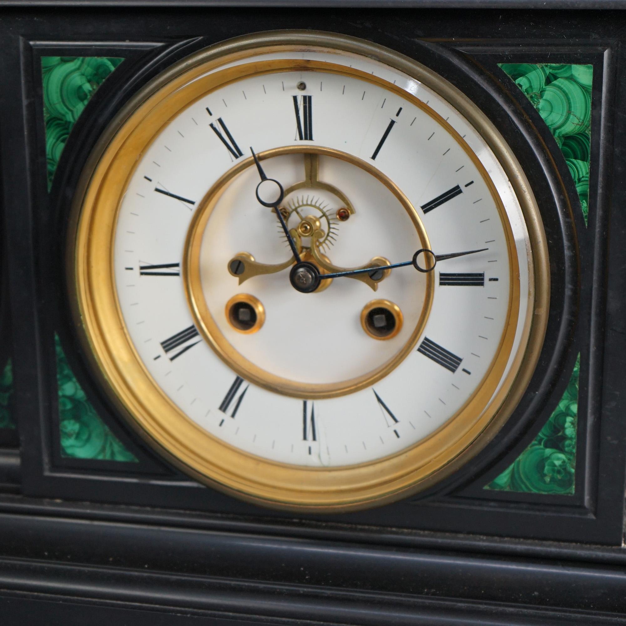 Antique Open Escapement Marble with Malachite Mantle Clock in the Manner of Tiffany c1900

Measures - 15.5