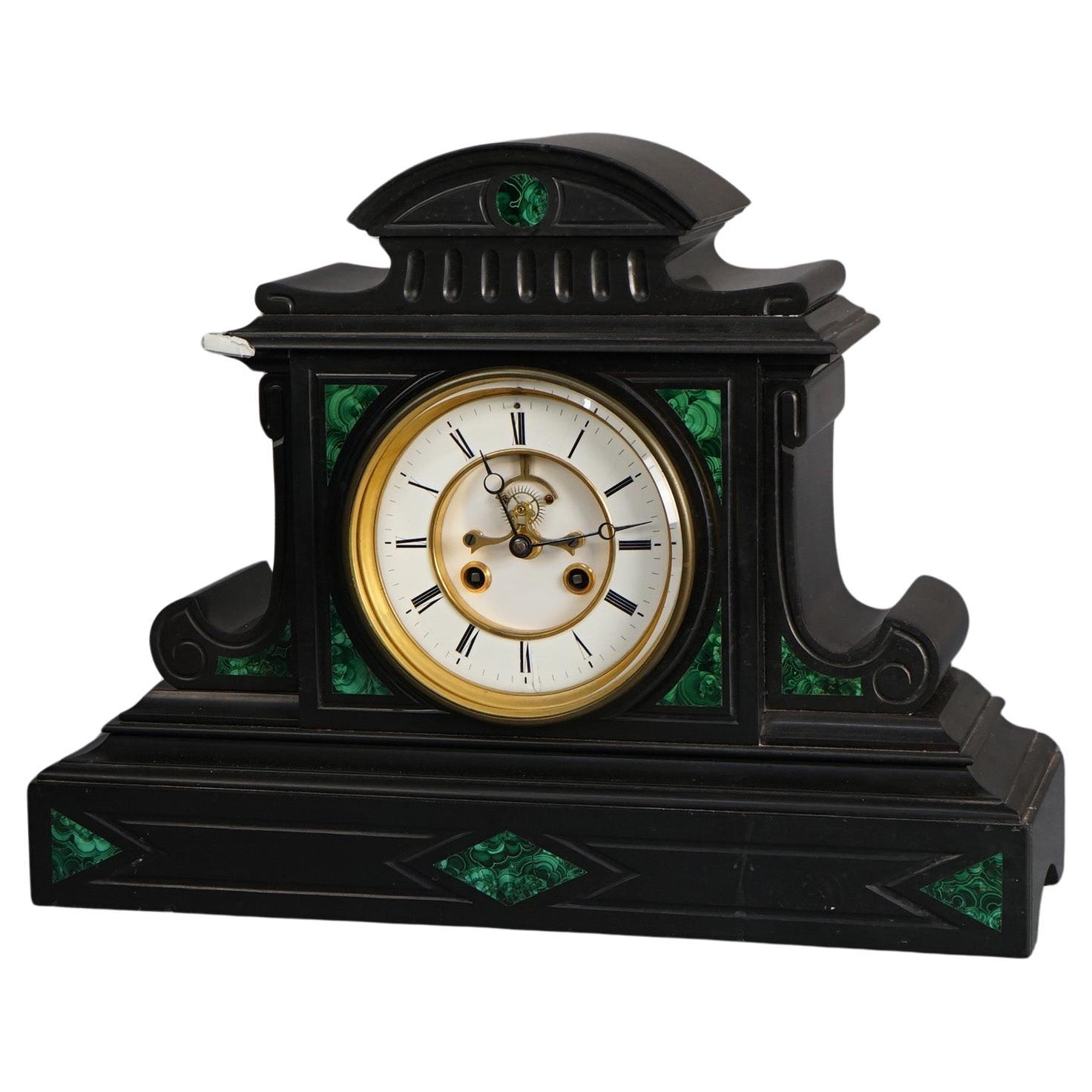 Antique Tiffany School Open Escapement Marble with Malachite Mantle Clock c1900 For Sale