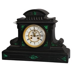 Ancienne horloge de cheminée Tiffany School Open Escapement en marbre avec malachite, c1900