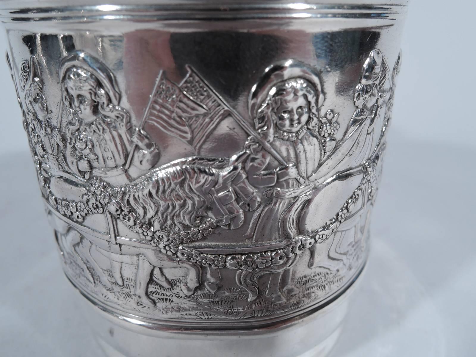 Antique Tiffany Sterling Silver Baby Cup with Patriotic Parade In Excellent Condition In New York, NY