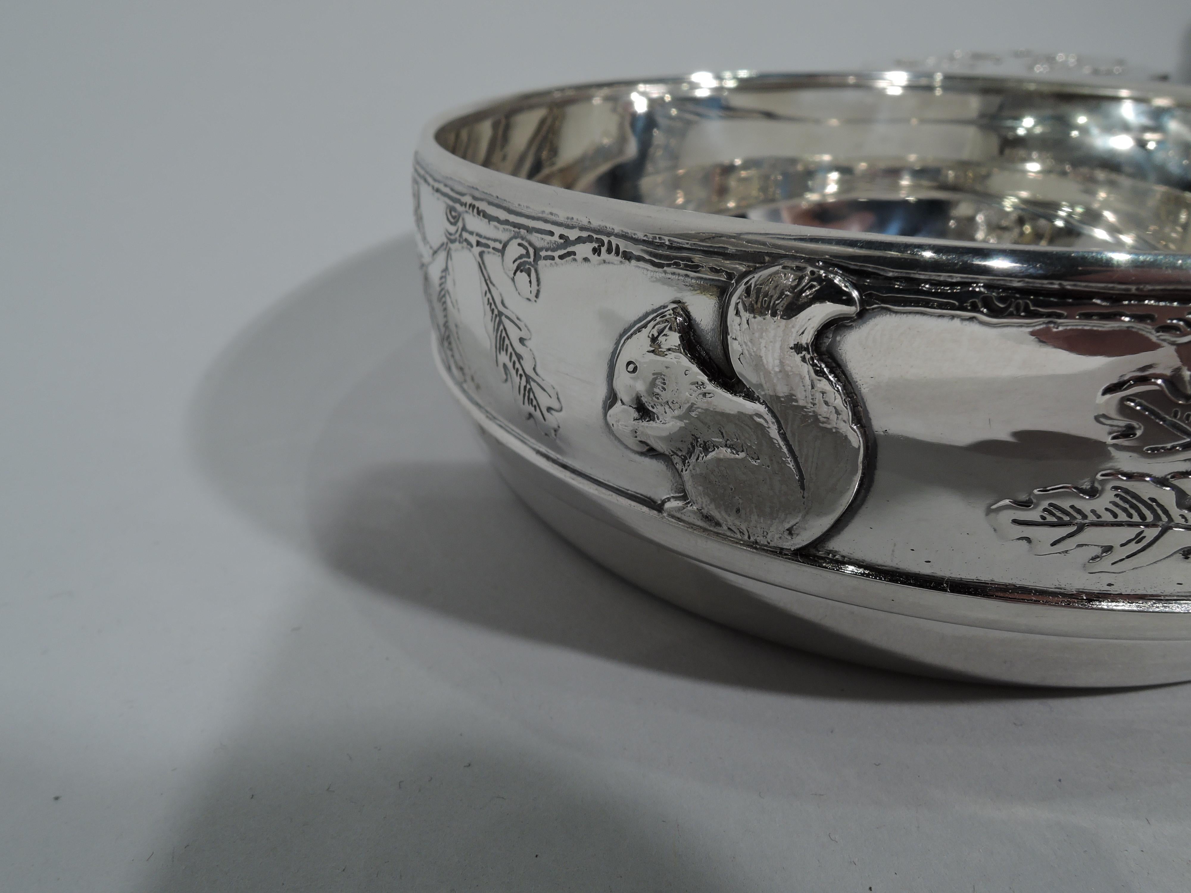 Antique Tiffany Sterling Silver Baby Porringer with Thrifty Squirrel In Excellent Condition In New York, NY