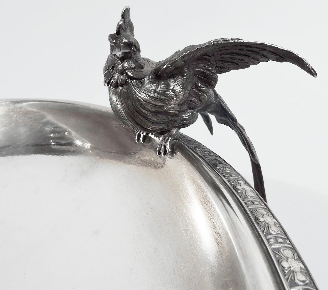 Antike Tiffany Klassische Kompottschale mit Vogel badendekor aus Sterlingsilber (amerikanisch)