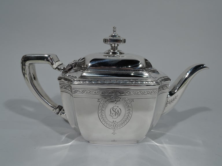 Antique Tiffany Sterling Silver Teapot in Engraved Hampton Pattern For