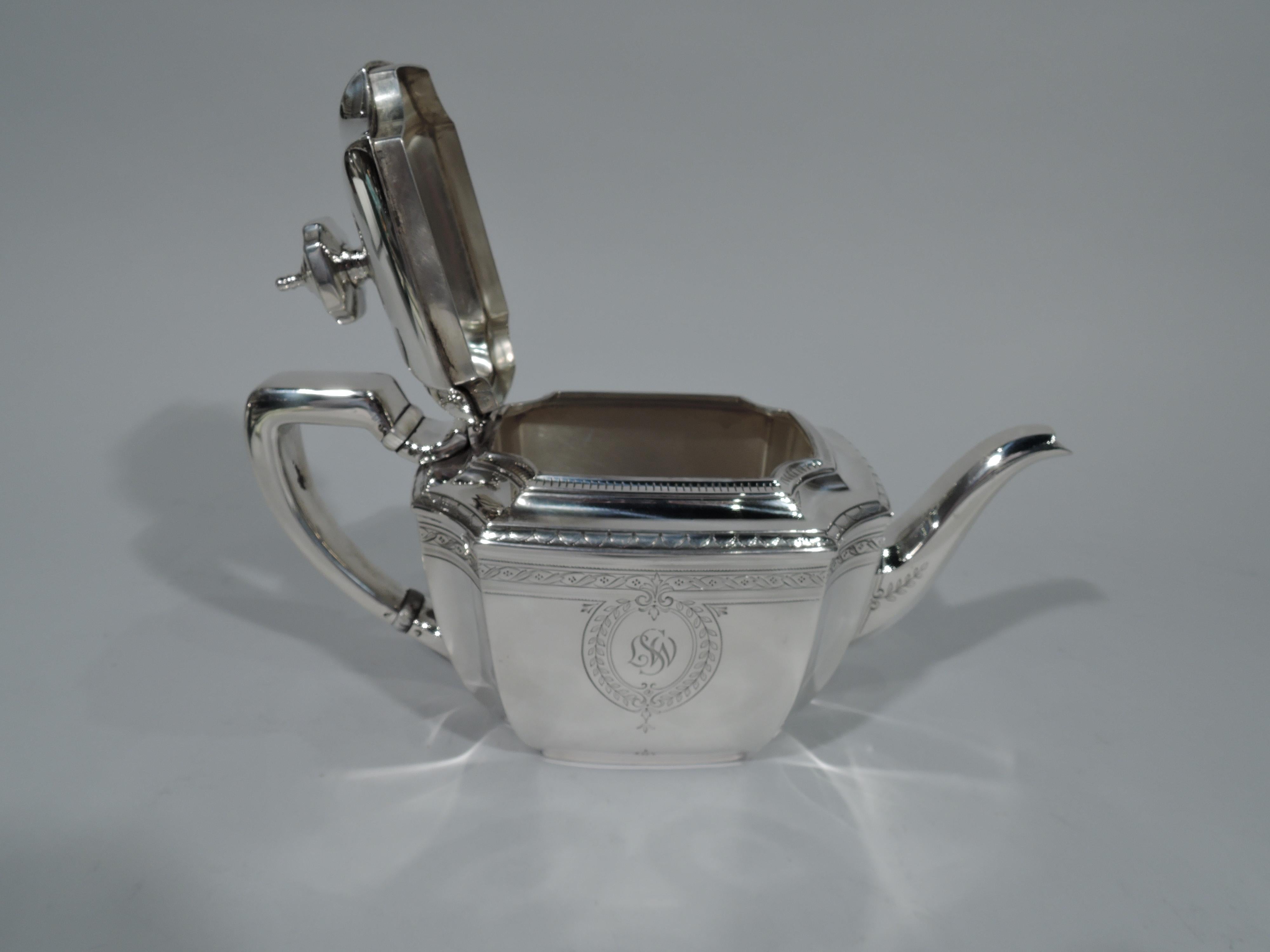 Art Deco Antique Tiffany Sterling Silver Teapot in Engraved Hampton Pattern