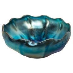 Antique Tiffany Studios Bowl Blue Iridescent Favrile Glass Bowl Signed LCT 1905
