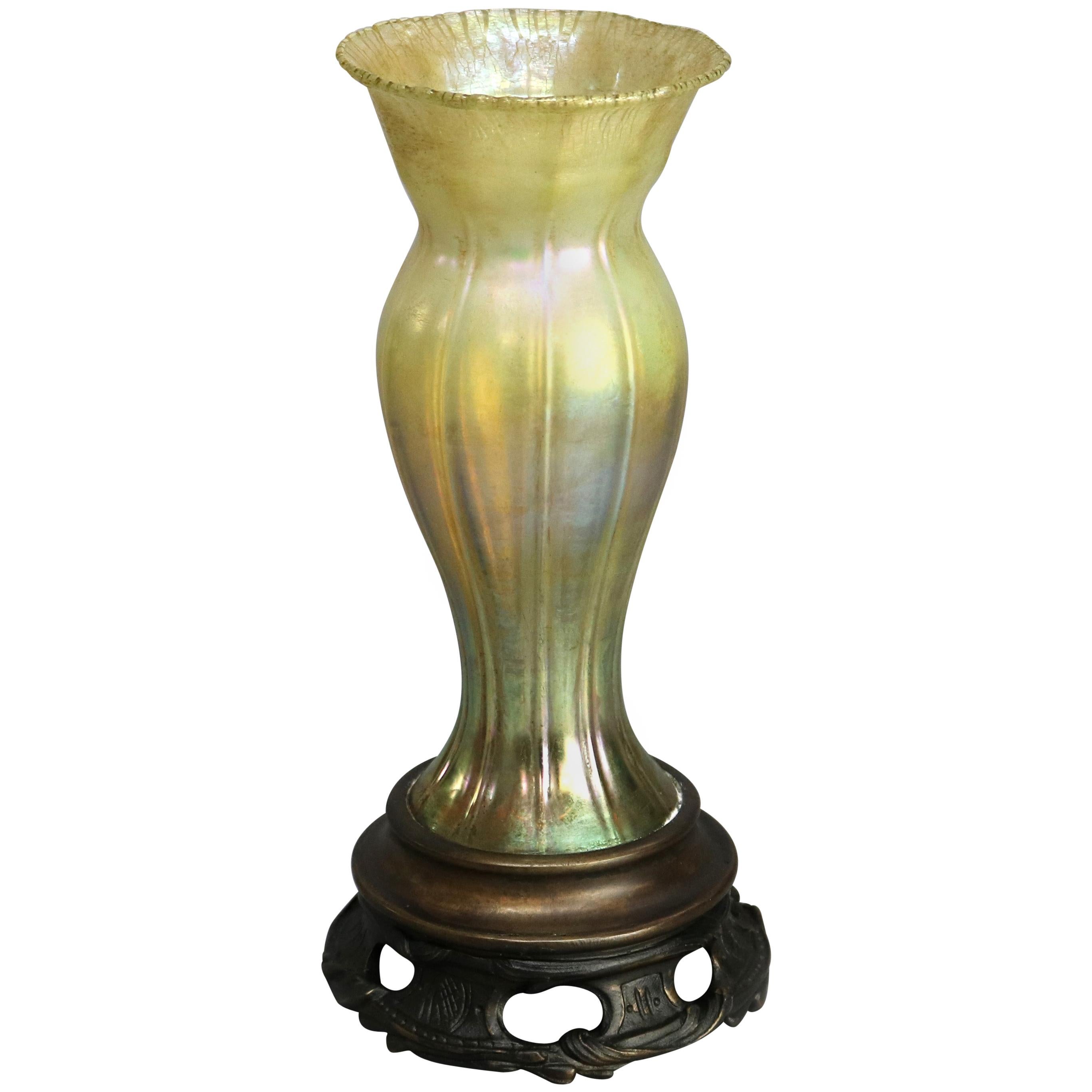 Antique Tiffany Studios Favrile Glass and Bronze Vase, Signed, circa 1920s