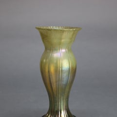 Antique Tiffany Studios Favrile Glass and Bronze Vase, Signed, circa 1920s