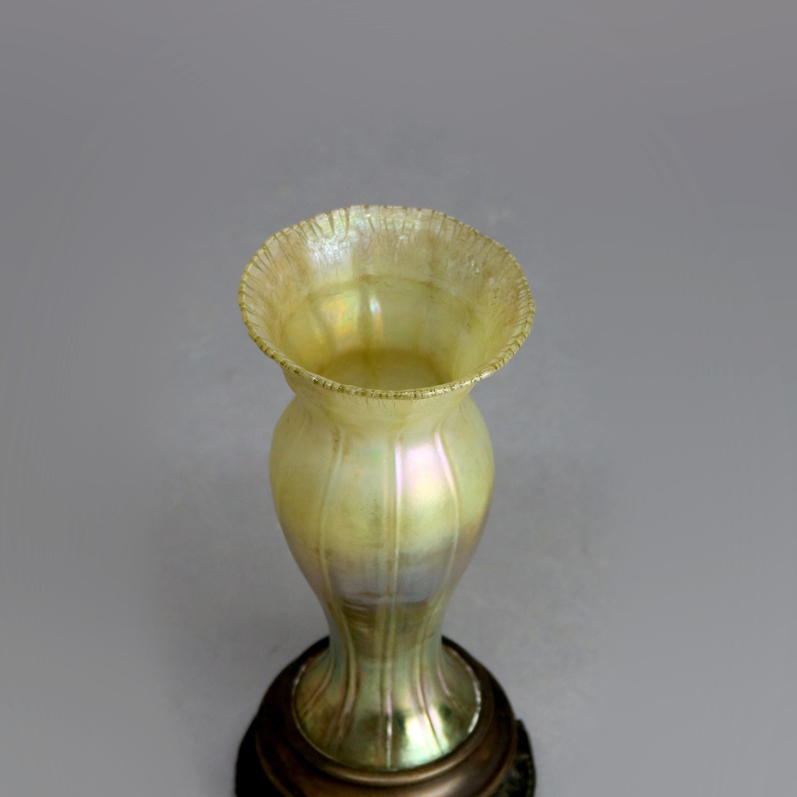 Art Nouveau Antique Tiffany Studios Favrile Glass and Bronze Vase, Signed, circa 1920s