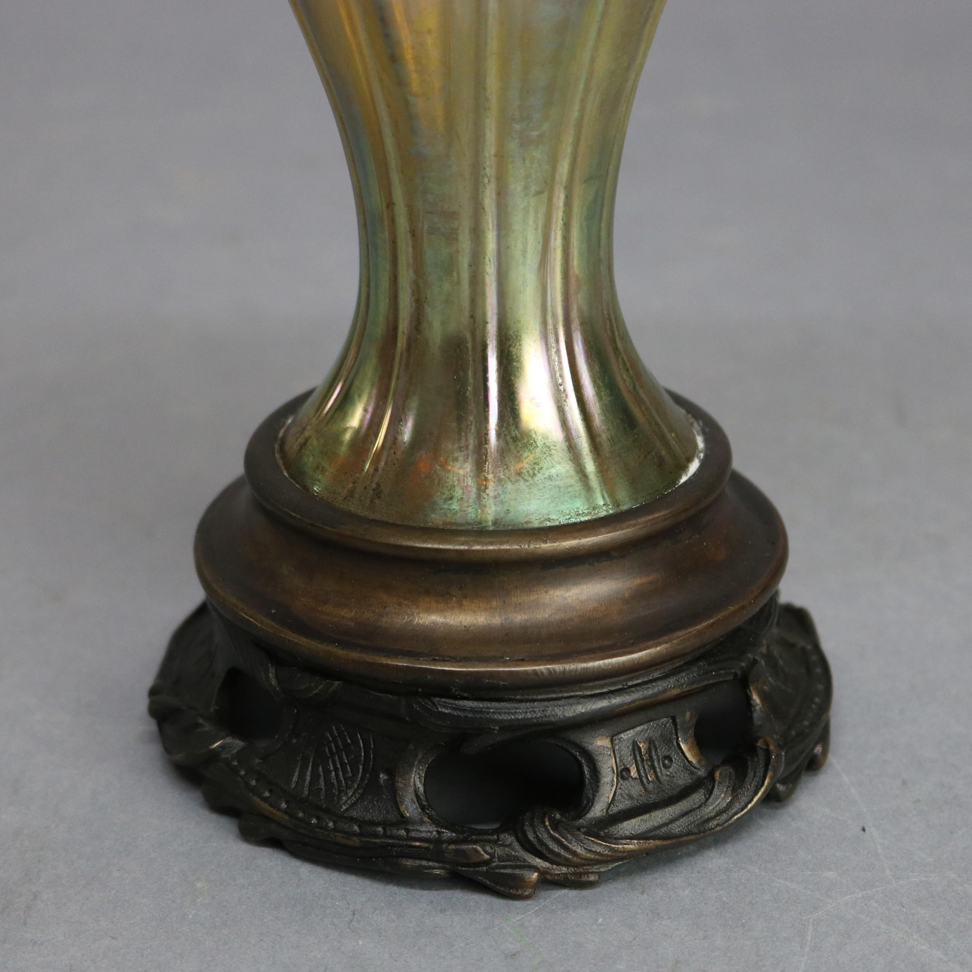 American Antique Tiffany Studios Favrile Glass and Bronze Vase, Signed, circa 1920s