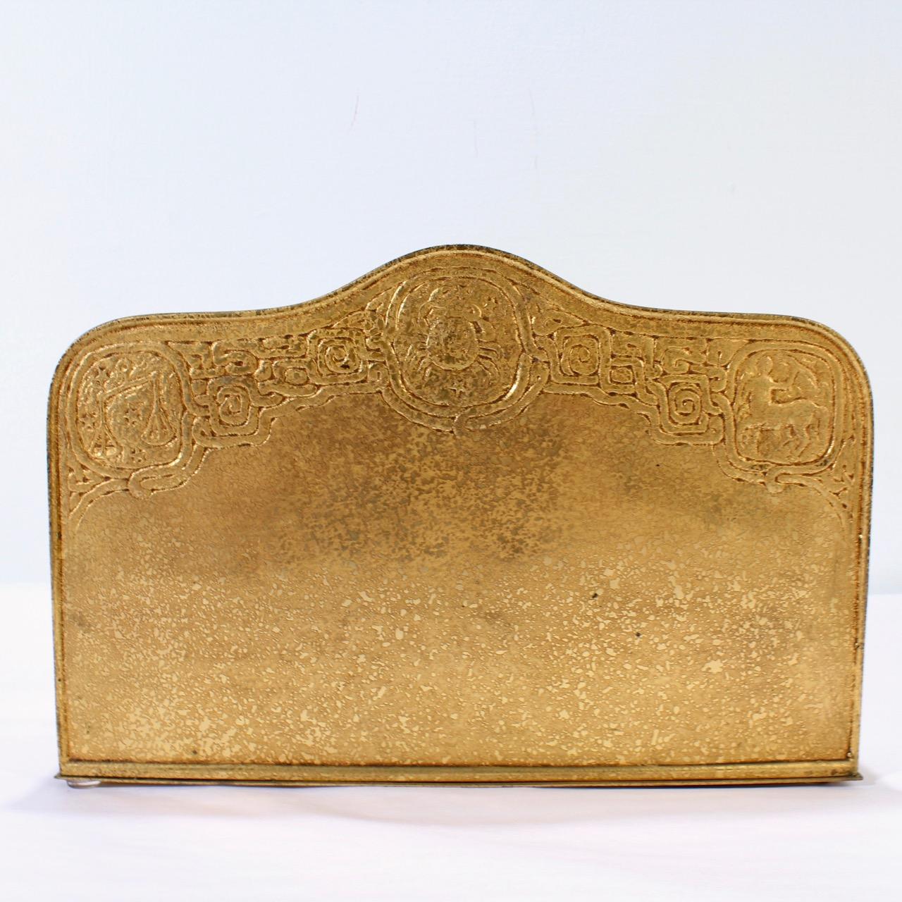 Antique Tiffany Studios Gilt Bronze Zodiac Pattern Desk Letter Holder No. 1000 In Good Condition In Philadelphia, PA