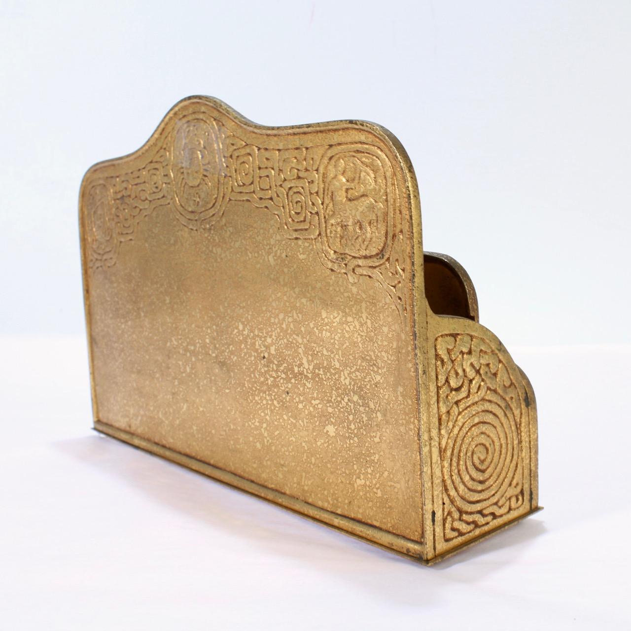 20th Century Antique Tiffany Studios Gilt Bronze Zodiac Pattern Desk Letter Holder No. 1000