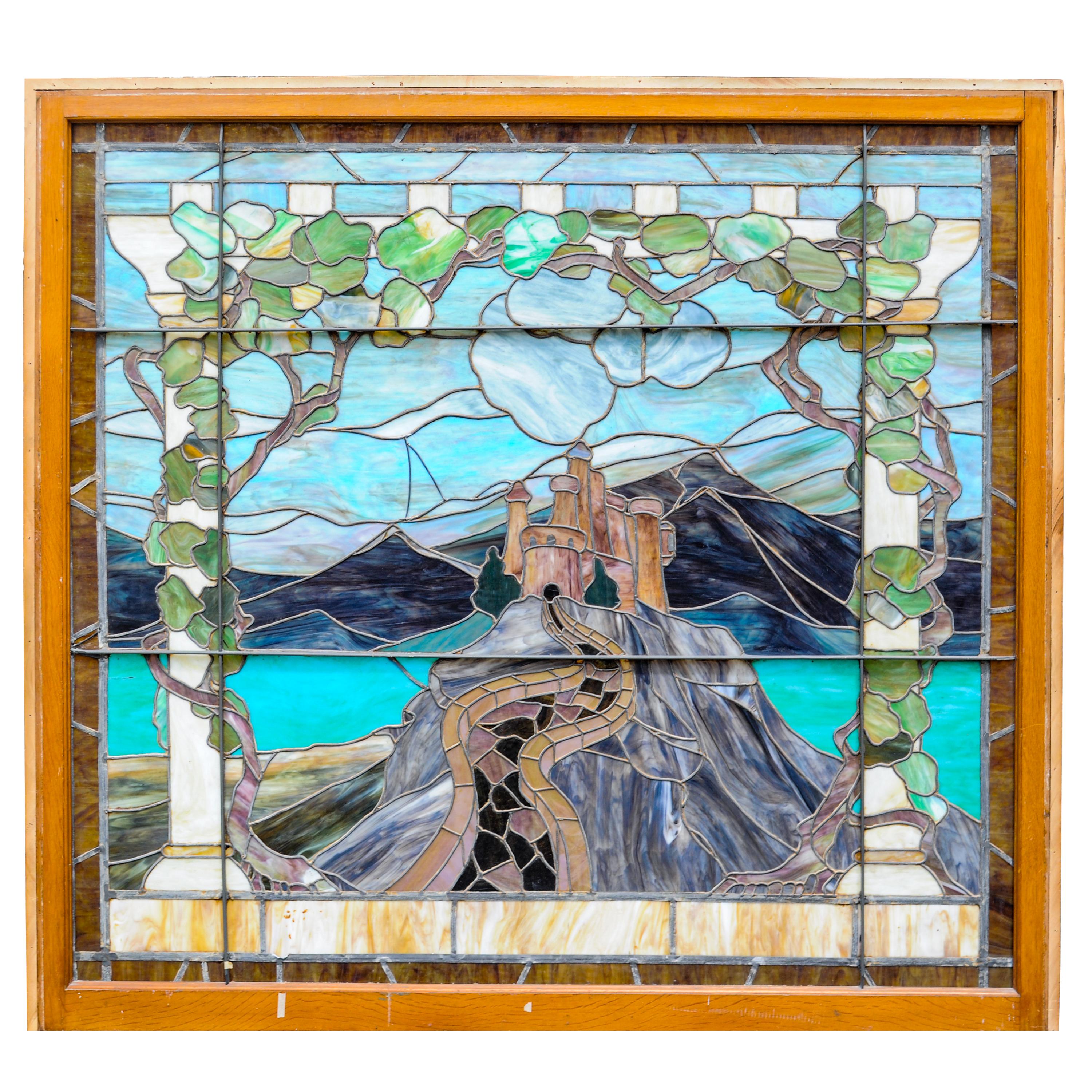 Stained Glass Antique Louis Comfort Tiffany Studios Leaded Art Glass Landscape Window New York For Sale