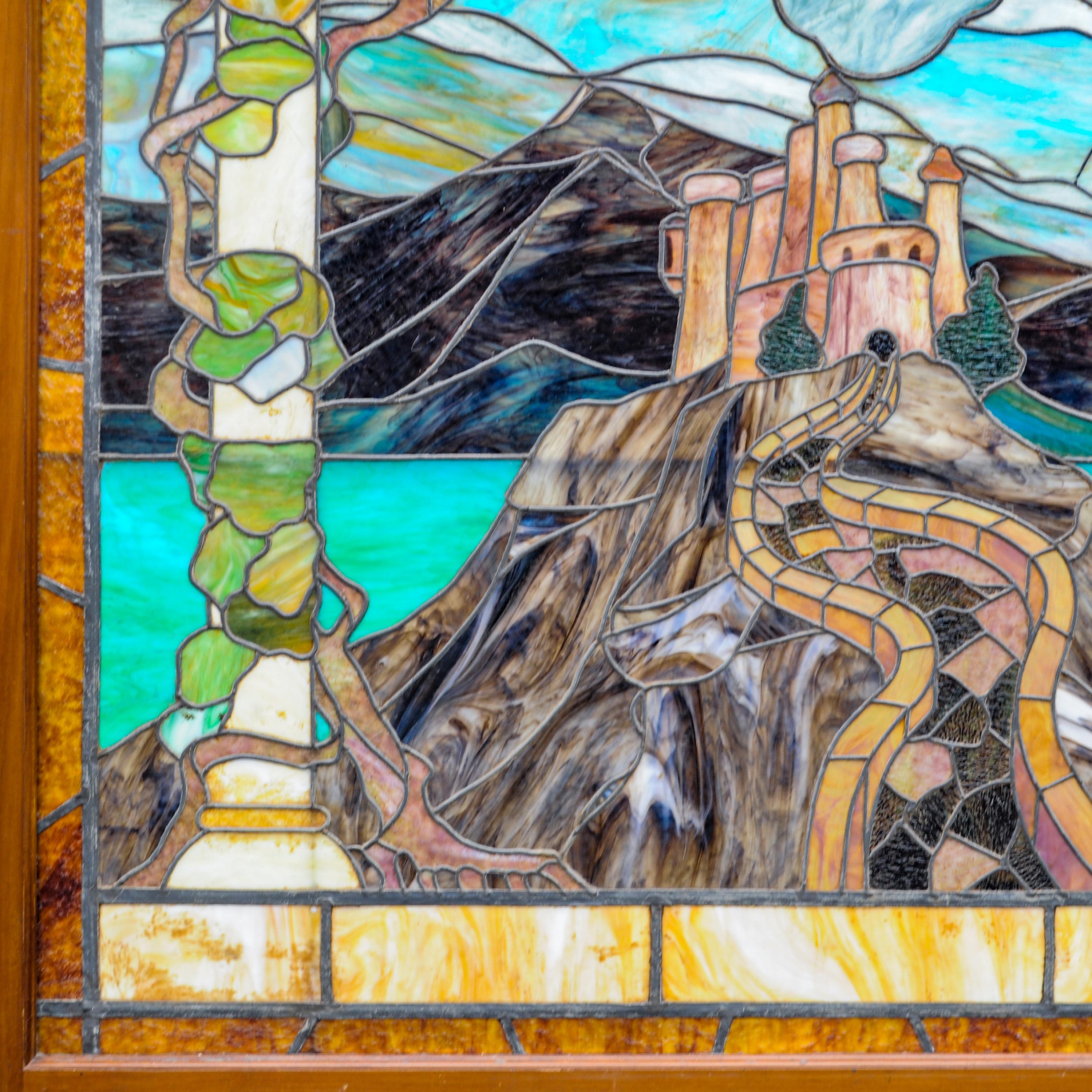 American Craftsman Antique Louis Comfort Tiffany Studios Leaded Art Glass Landscape Window New York For Sale