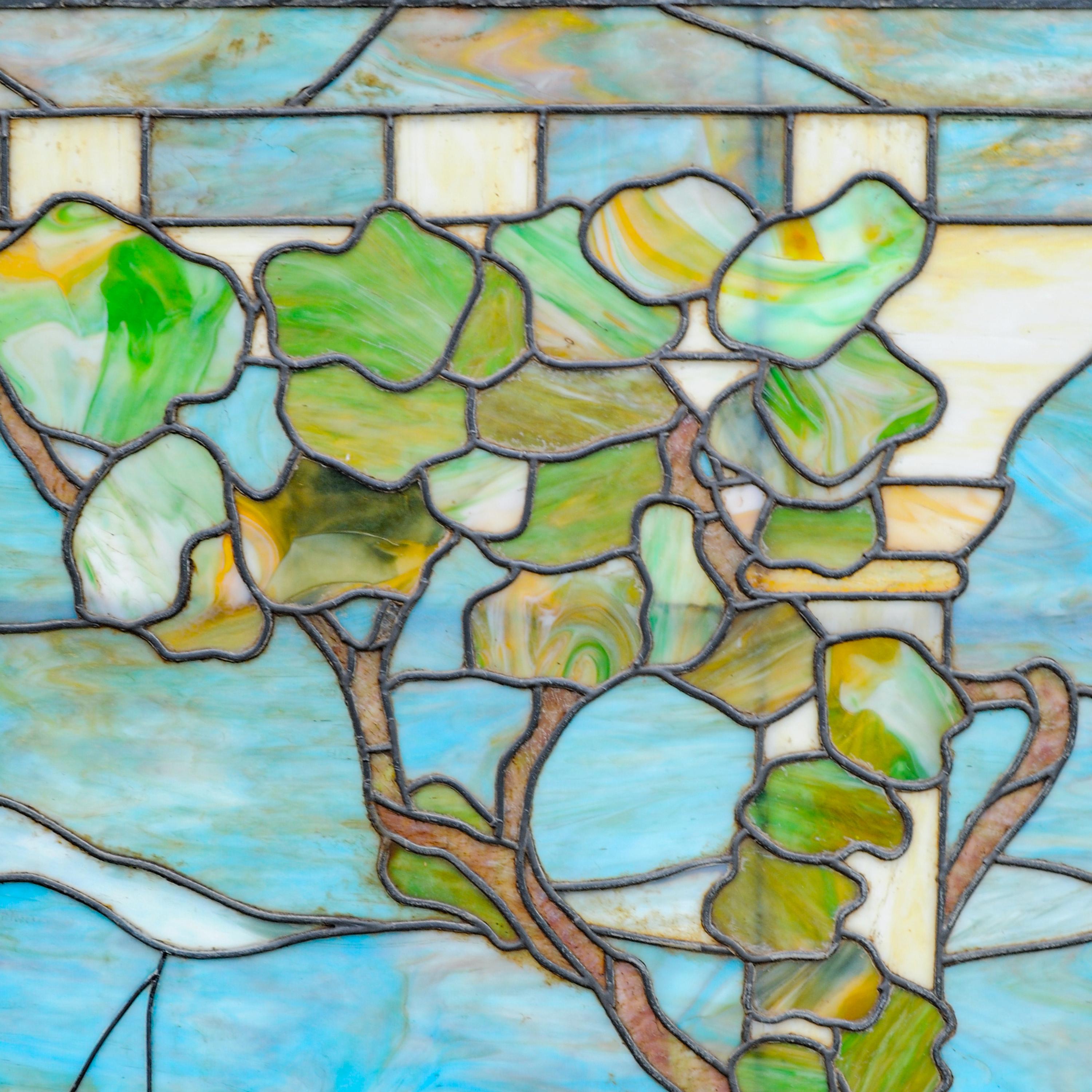 Early 20th Century Antique Louis Comfort Tiffany Studios Leaded Art Glass Landscape Window New York For Sale