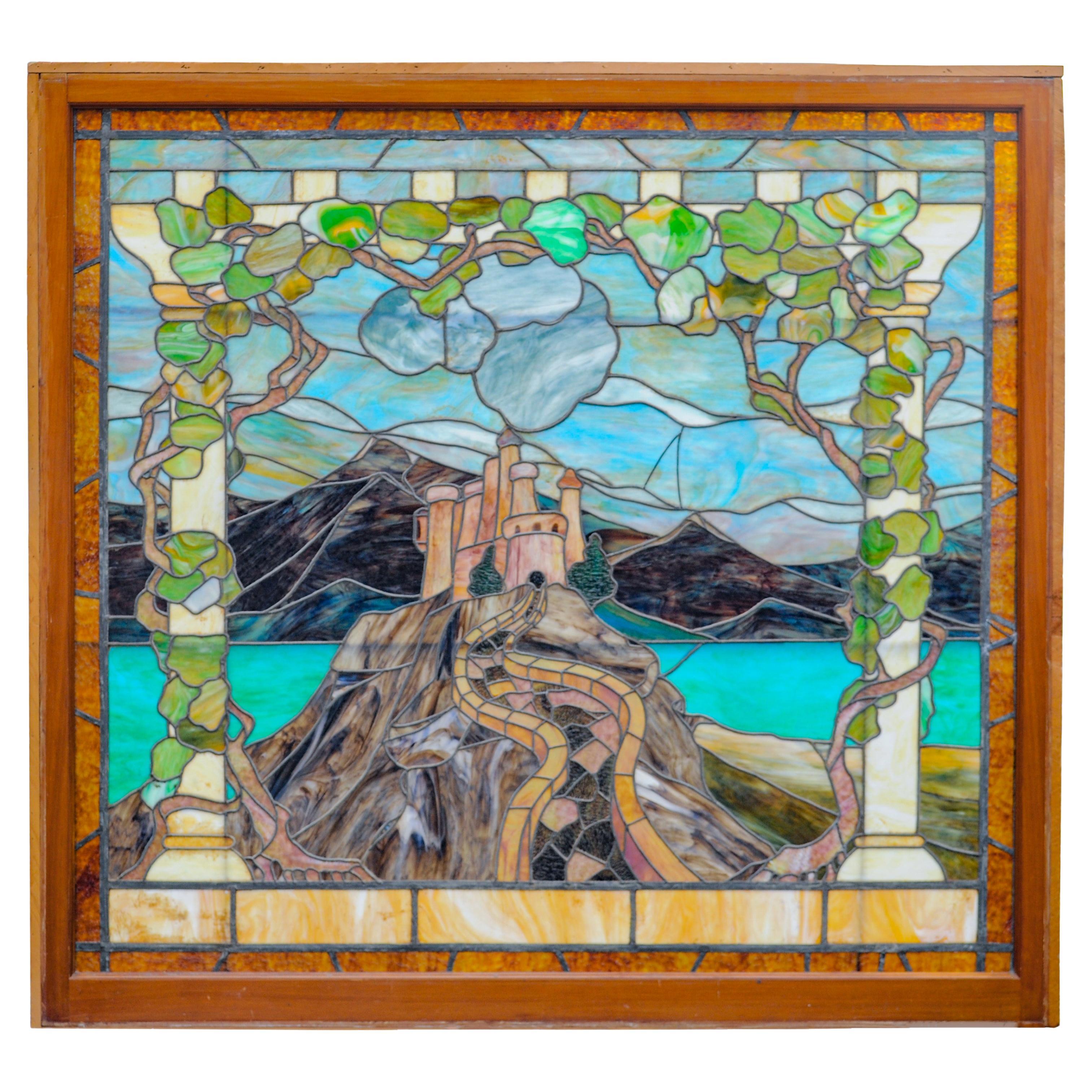 Antique Louis Comfort Tiffany Studios Leaded Art Glass Landscape Window New York For Sale