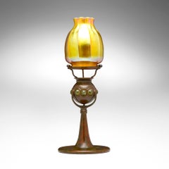 Antica lampada a candela in vetro Jewell di Tiffany Studios, base in bronzo patinato