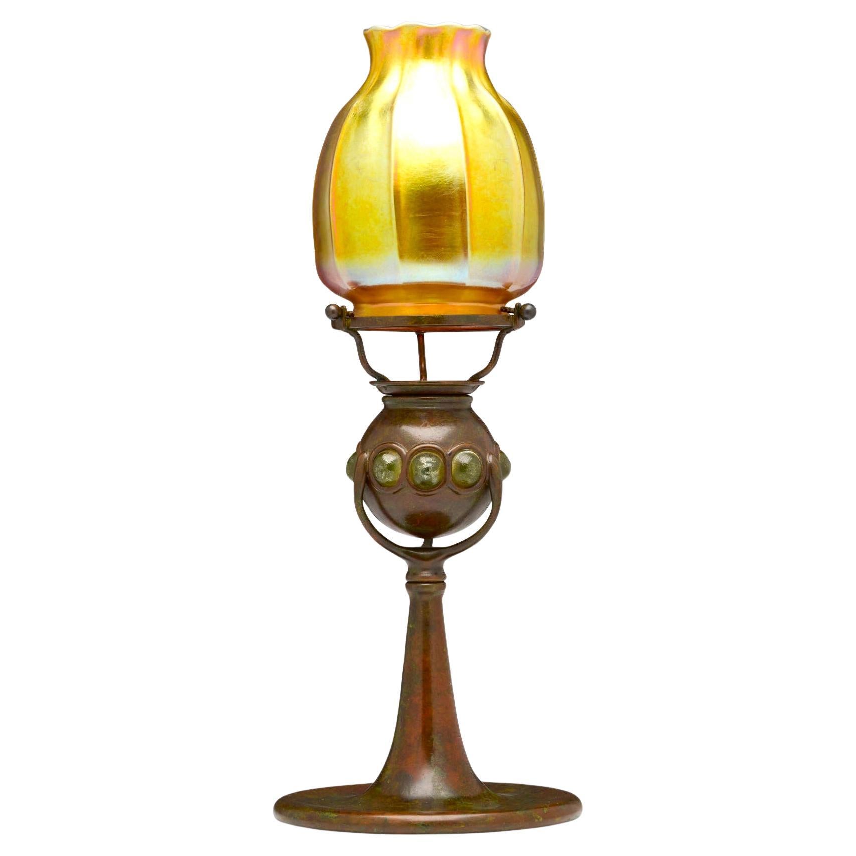 Antique Tiffany Studios Jeweled Favrile Glass Candle Lamp, Patinated Bronze Base