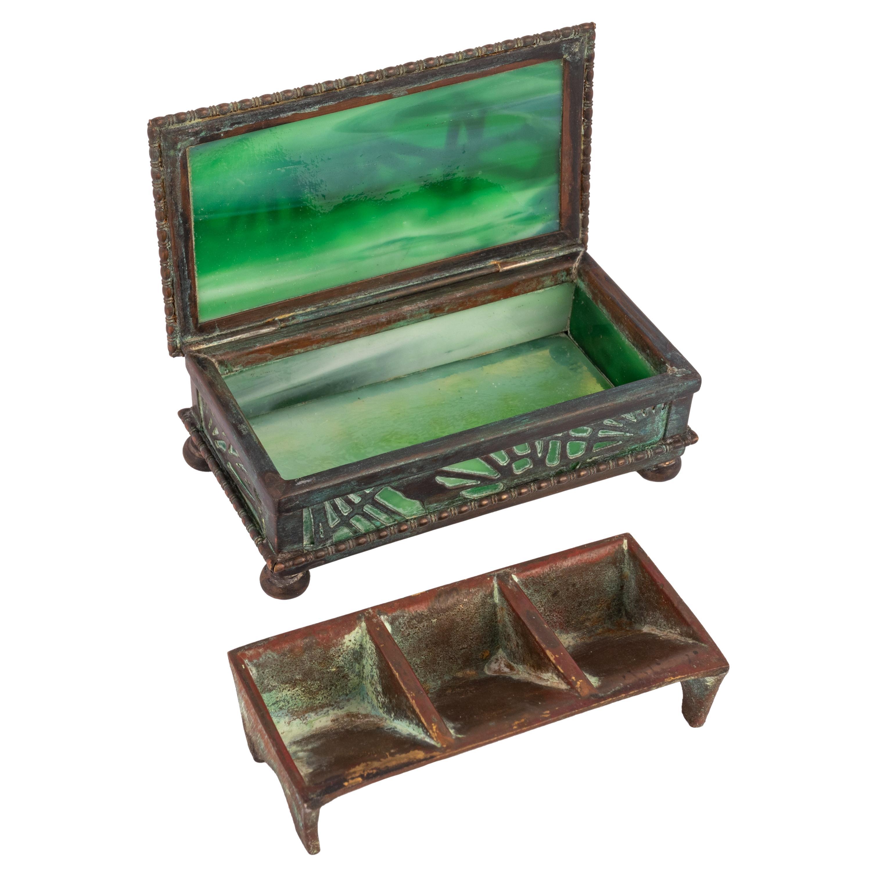Art Nouveau Antique Tiffany Studios Pine Needles Bronze Stamp Box Green Slag Glass 1910