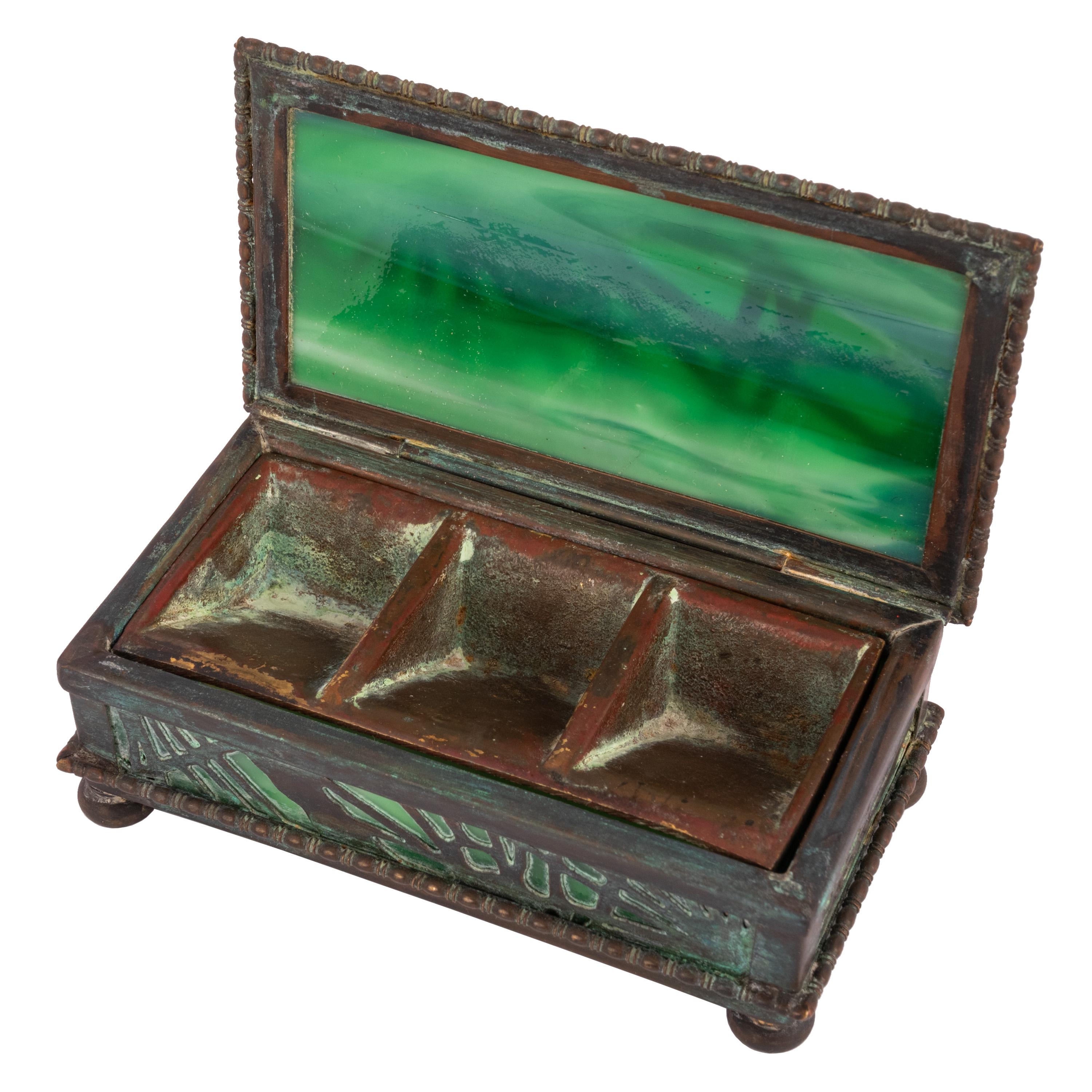 American Antique Tiffany Studios Pine Needles Bronze Stamp Box Green Slag Glass 1910