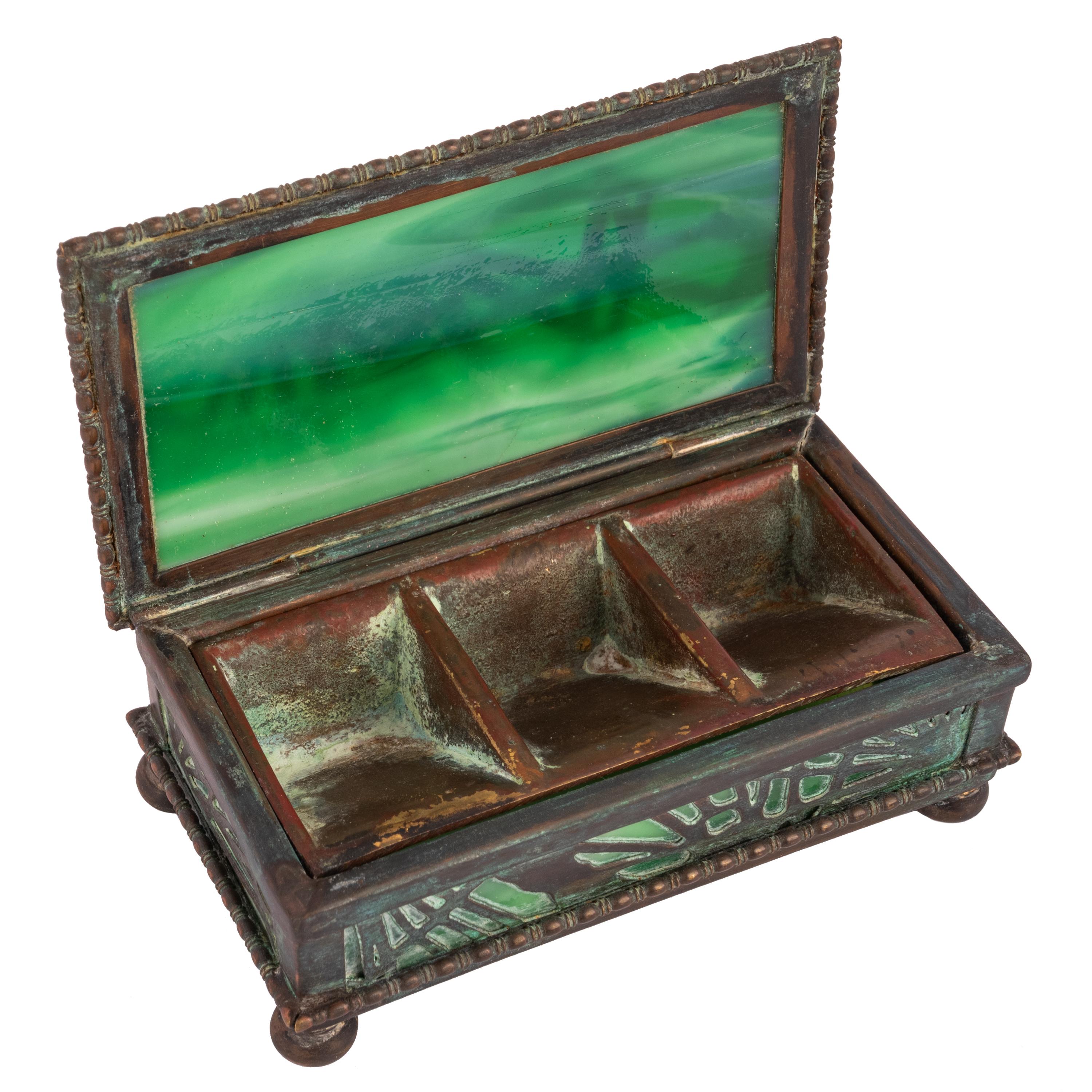 Antique Tiffany Studios Pine Needles Bronze Stamp Box Green Slag Glass 1910 In Good Condition In Portland, OR