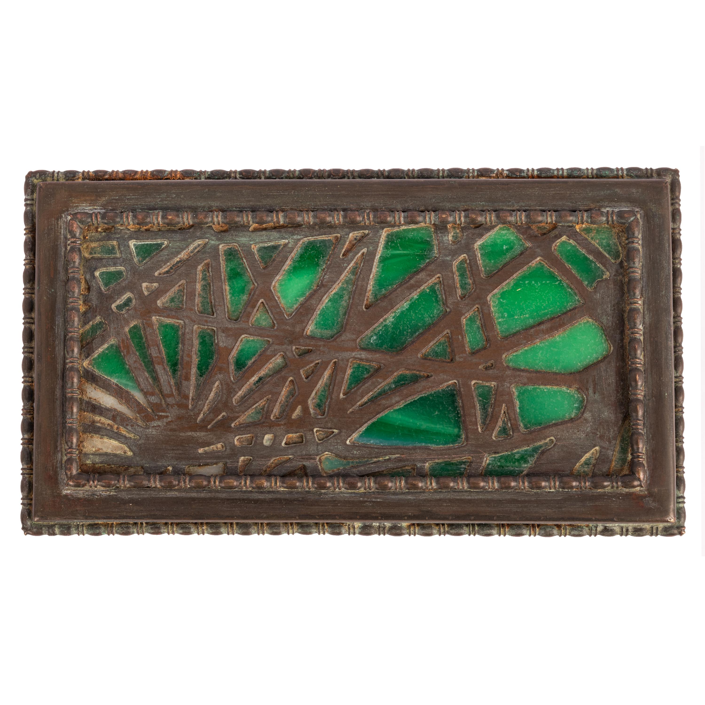 Early 20th Century Antique Tiffany Studios Pine Needles Bronze Stamp Box Green Slag Glass 1910