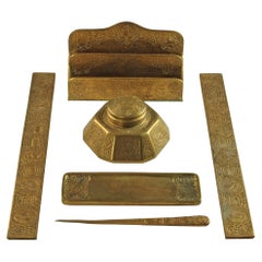 Antike Tiffany Studios Zodiac 6-teilige Bronze Doré Schreibtisch Set