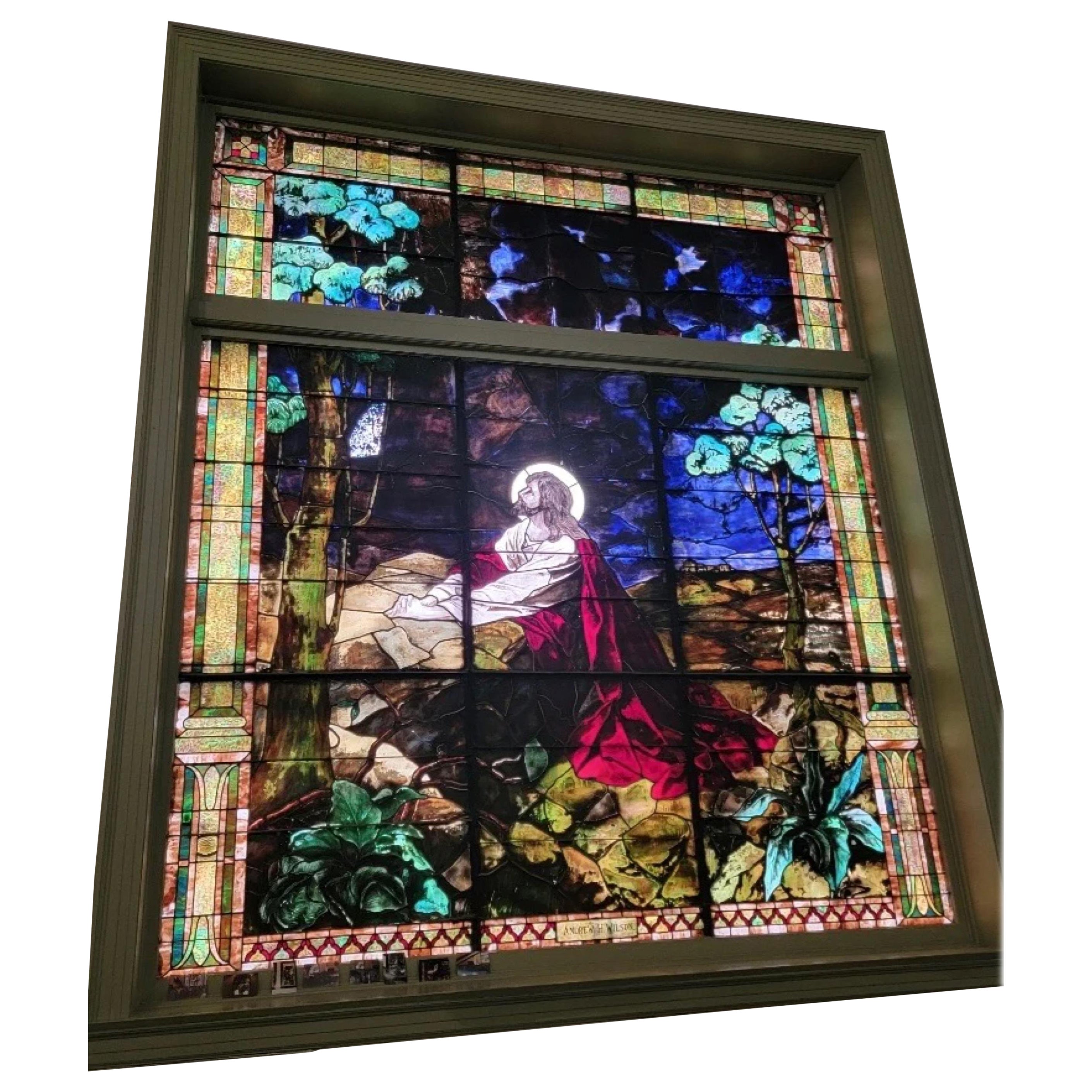 Antique Tiffany Style 2 Section Gethsemane Salvaged Chicago Church Stained Glass For Sale