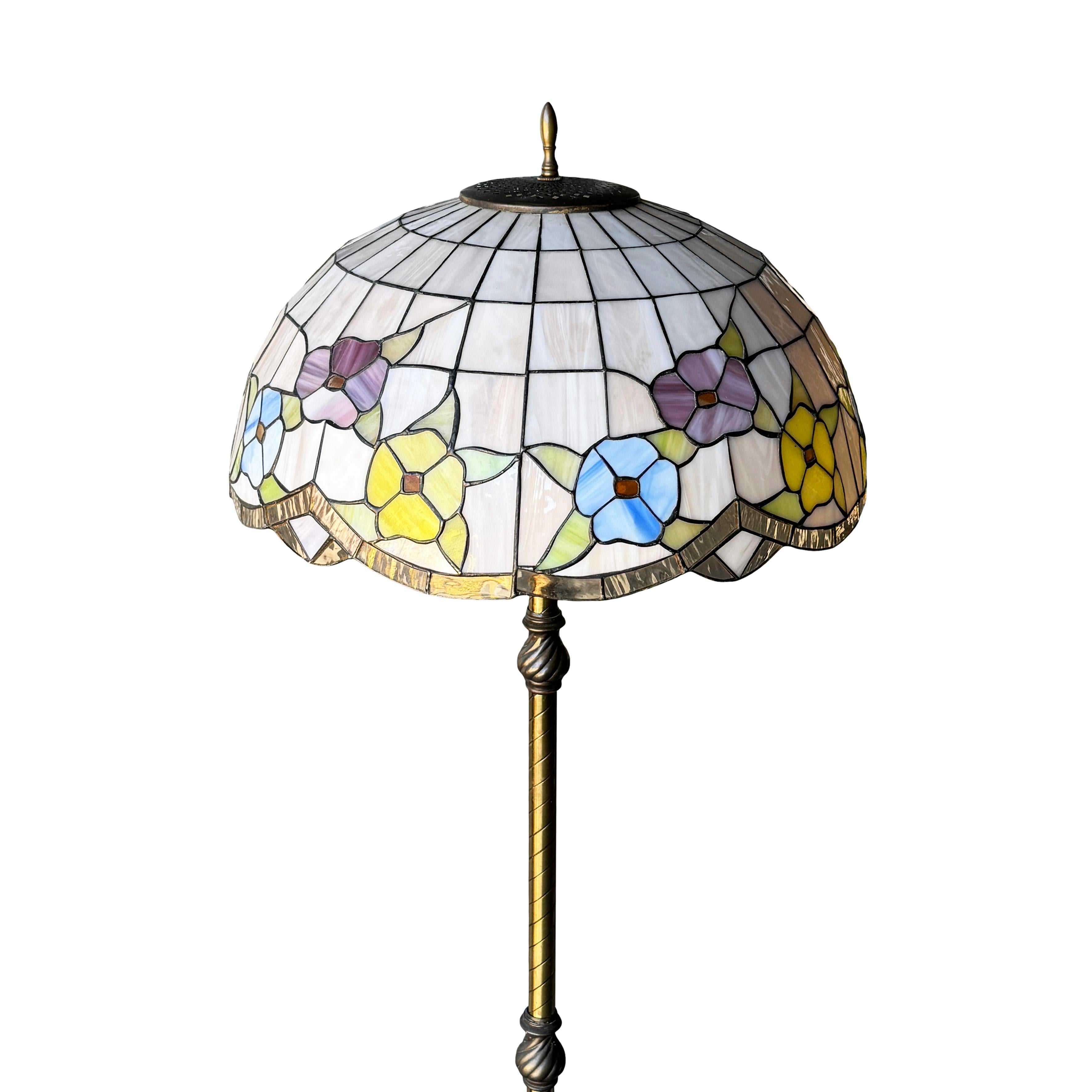 Antique Tiffany Style Brass & Iron Floor Lamp with Stained Glass Shade For Sale 4