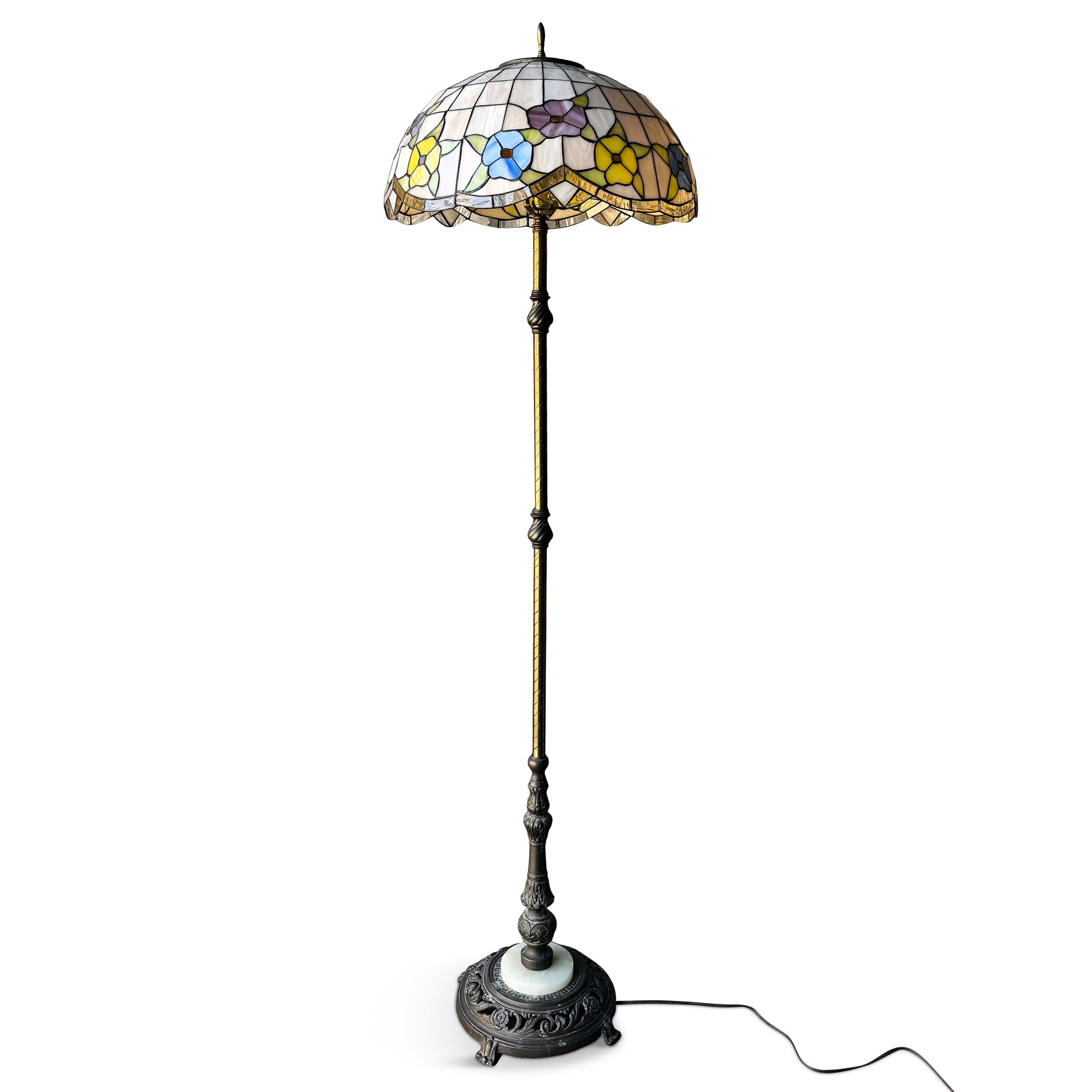 Arts and Crafts Antique Tiffany Style Brass & Iron Floor Lamp with Stained Glass Shade For Sale