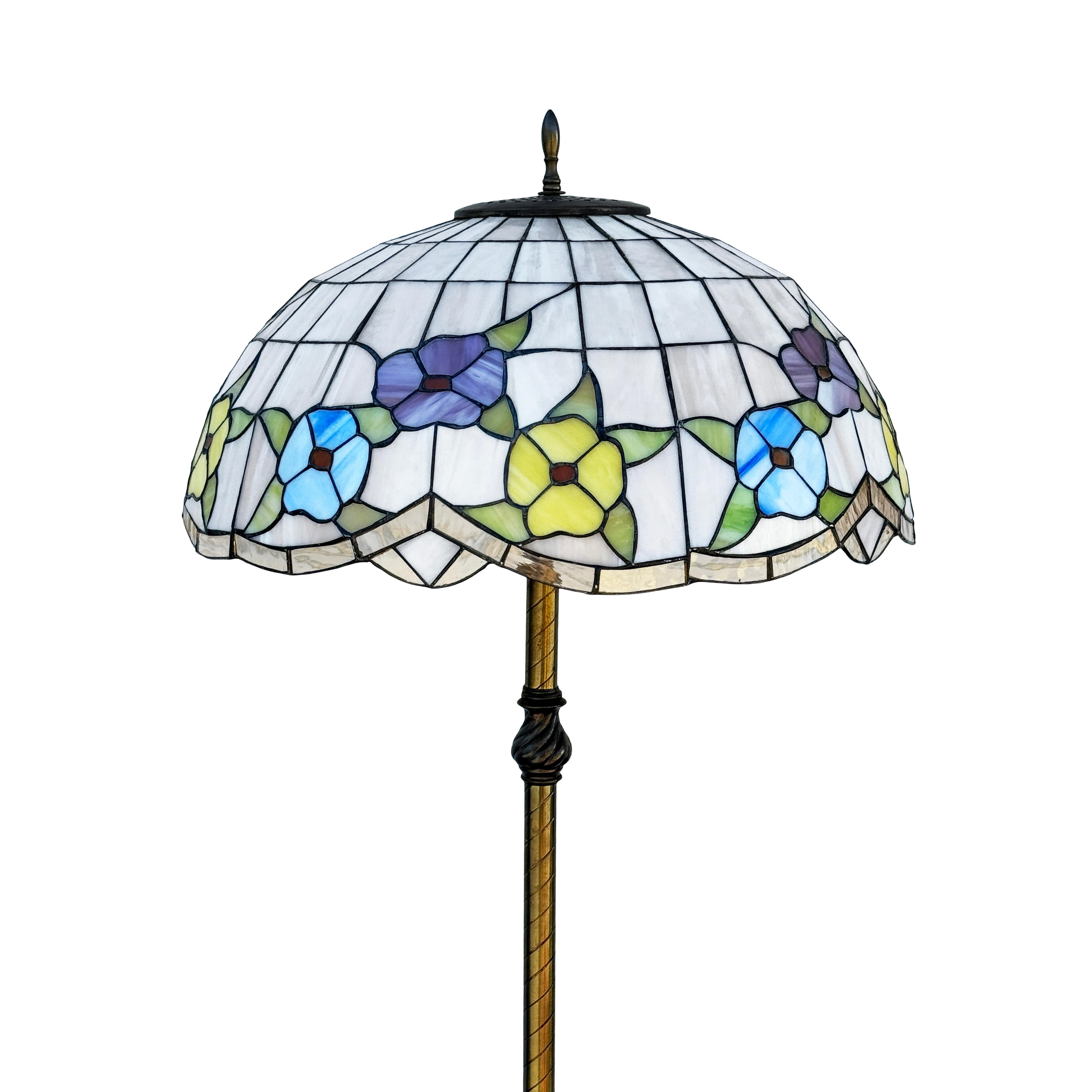 20th Century Antique Tiffany Style Brass & Iron Floor Lamp with Stained Glass Shade For Sale