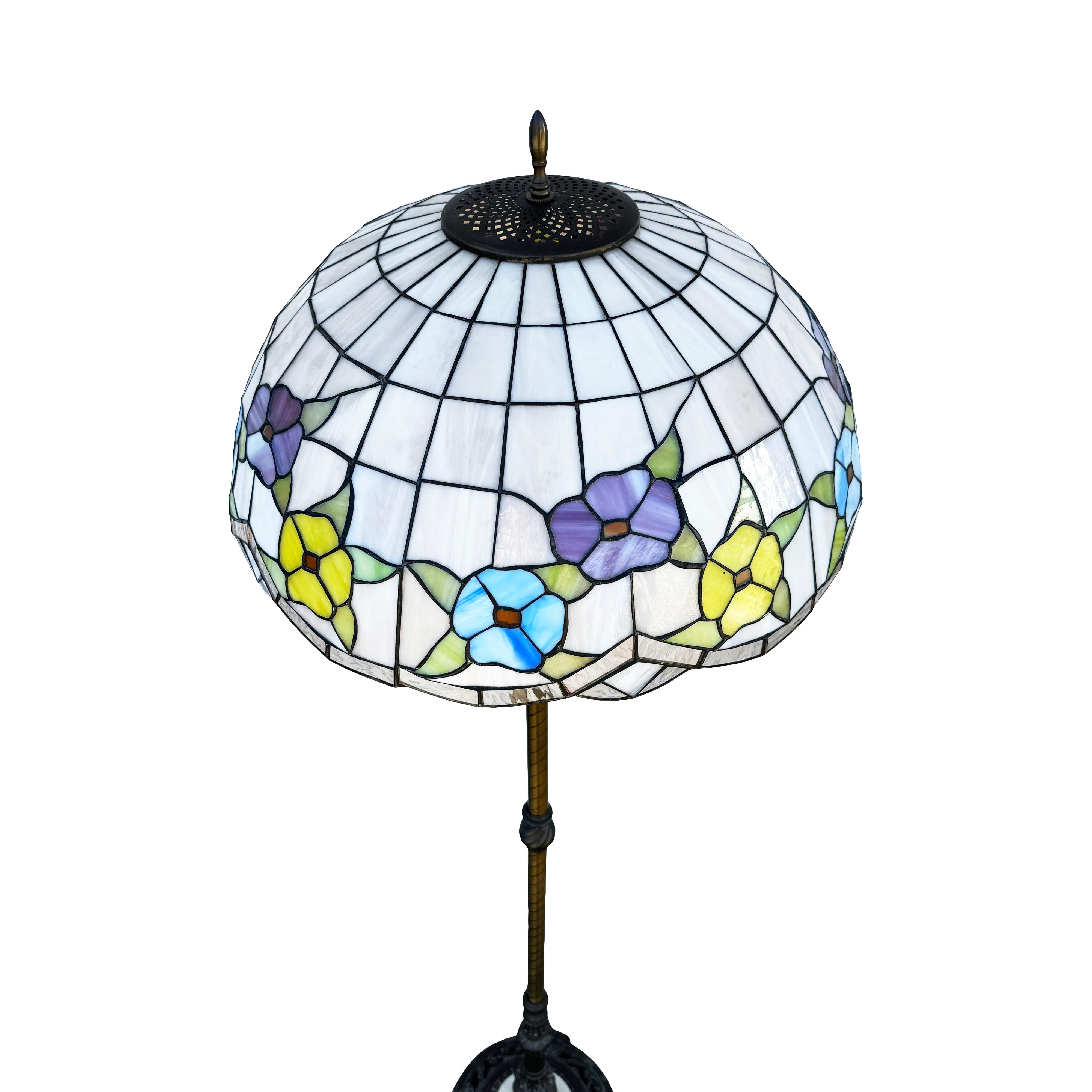 Steel Antique Tiffany Style Brass & Iron Floor Lamp with Stained Glass Shade For Sale