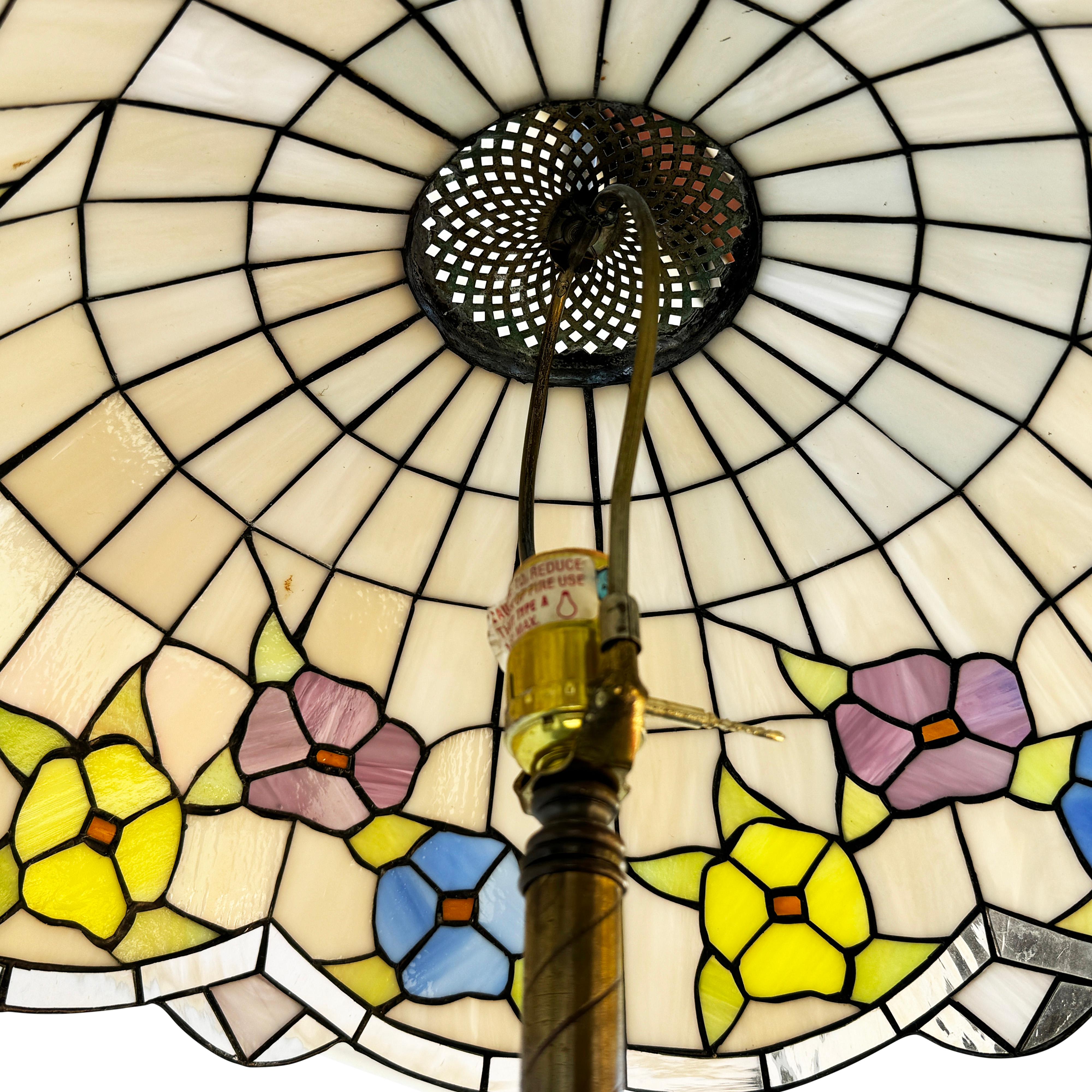 Antique Tiffany Style Brass & Iron Floor Lamp with Stained Glass Shade For Sale 1