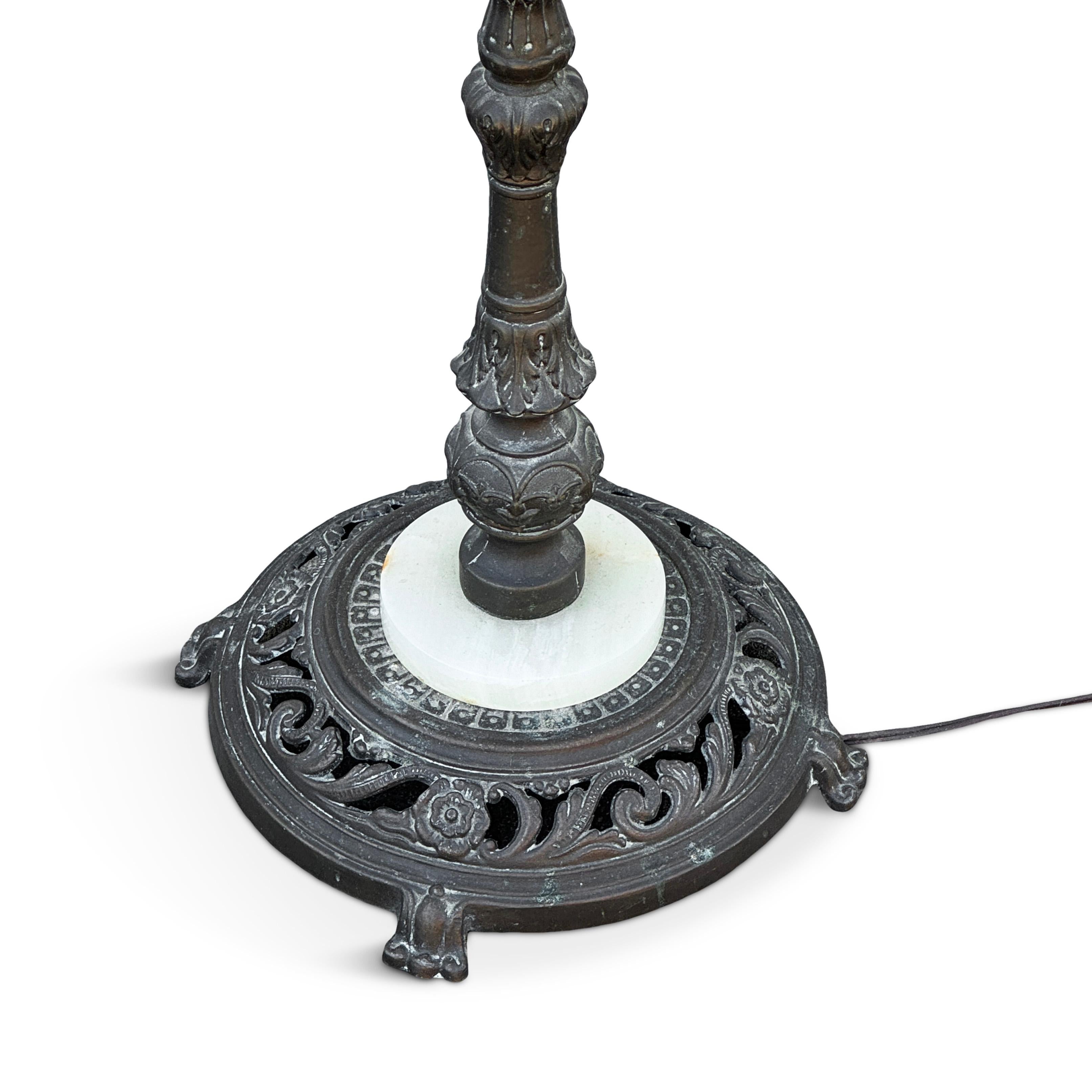 Antique Tiffany Style Brass & Iron Floor Lamp with Stained Glass Shade For Sale 2