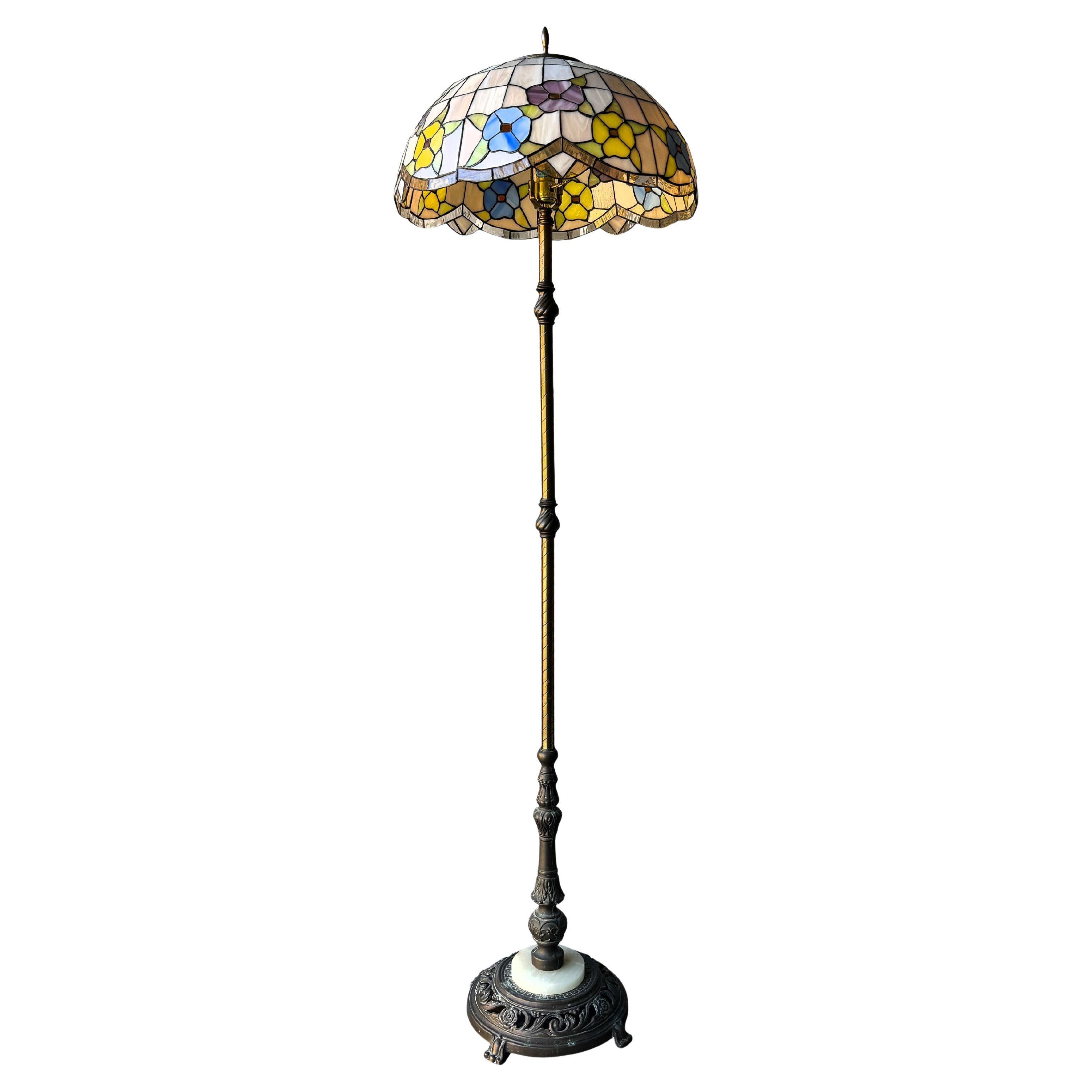 Antique Tiffany Style Brass & Iron Floor Lamp with Stained Glass Shade