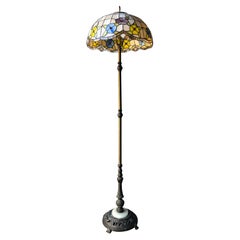Antique Tiffany Style Brass & Iron Floor Lamp with Stained Glass Shade