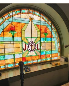 Antique Tiffany Style J L Inscribed Stained Glass Arch Semi Circle Window