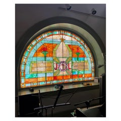 Antique Tiffany Style J L Inscribed Stained Glass Arch Semi Circle Window