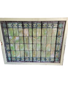 Antique Tiffany Style Salvaged Green Upper Transom Stained Glass Windows - Pair
