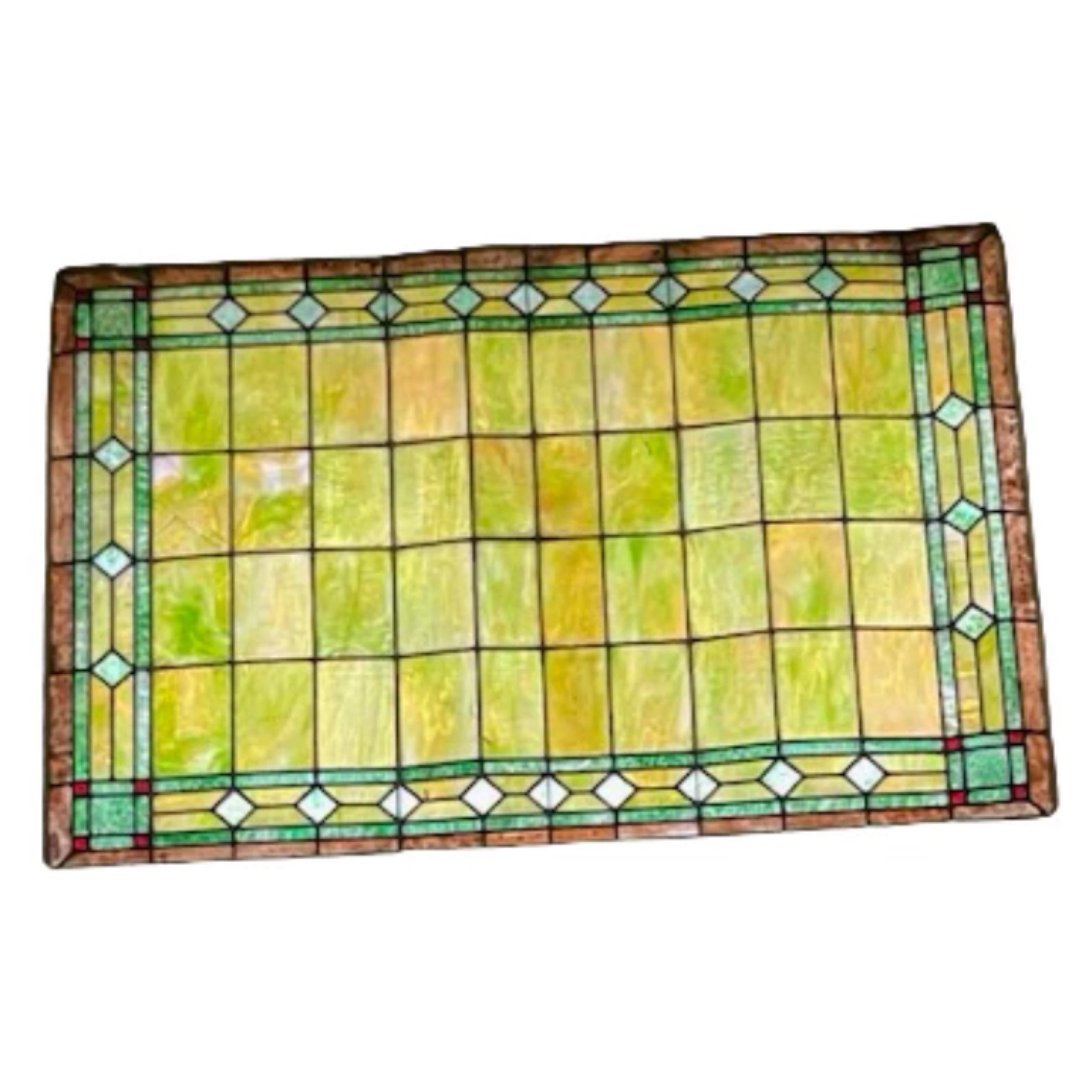 Antique Tiffany Style Salvaged Green Upper Transom Stained Glass Windows - Pair For Sale