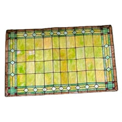Antique Tiffany Style Salvaged Green Upper Transom Stained Glass Windows - Pair