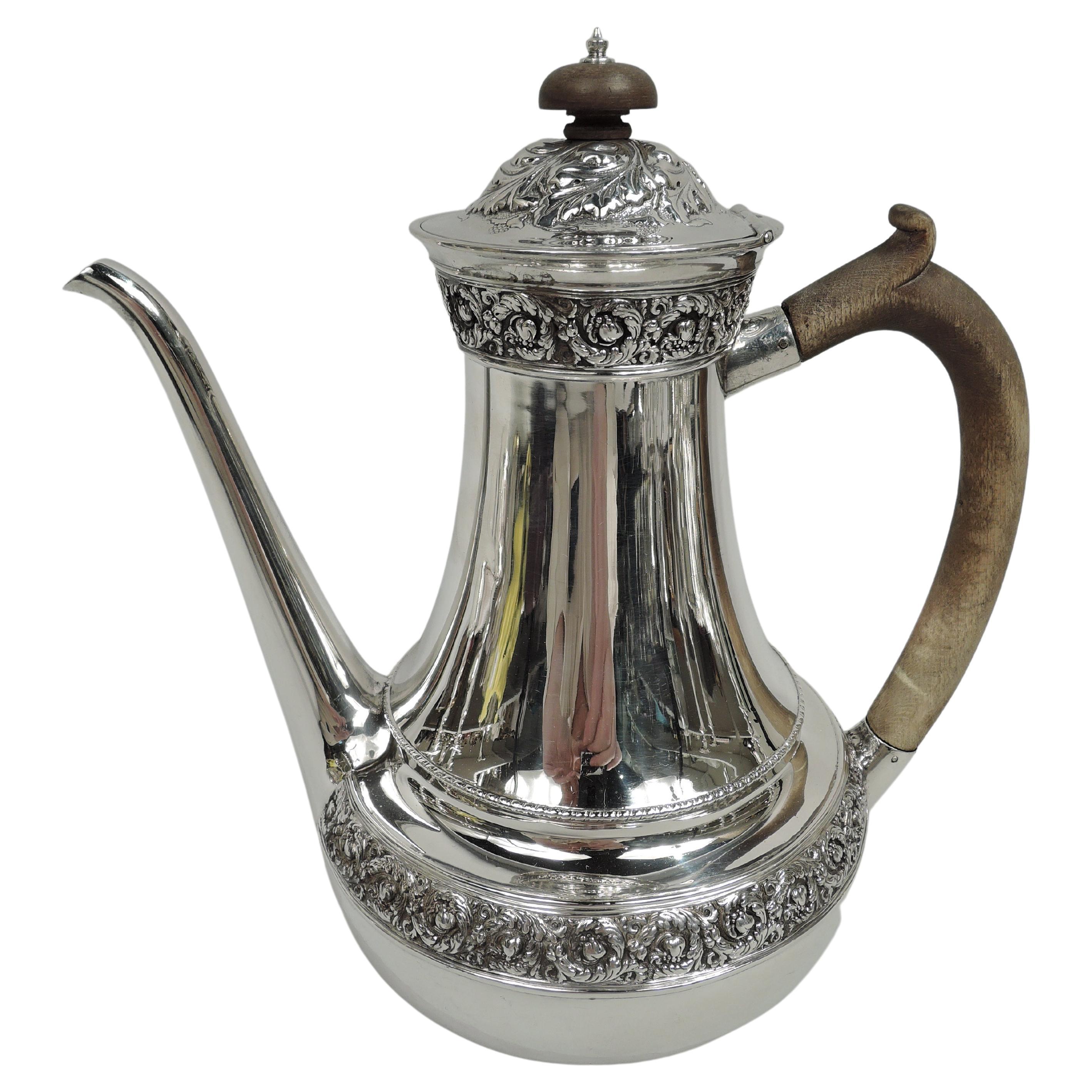 Antique Tiffany Victorian Classical Repousse Sterling Silver Coffeepot For Sale