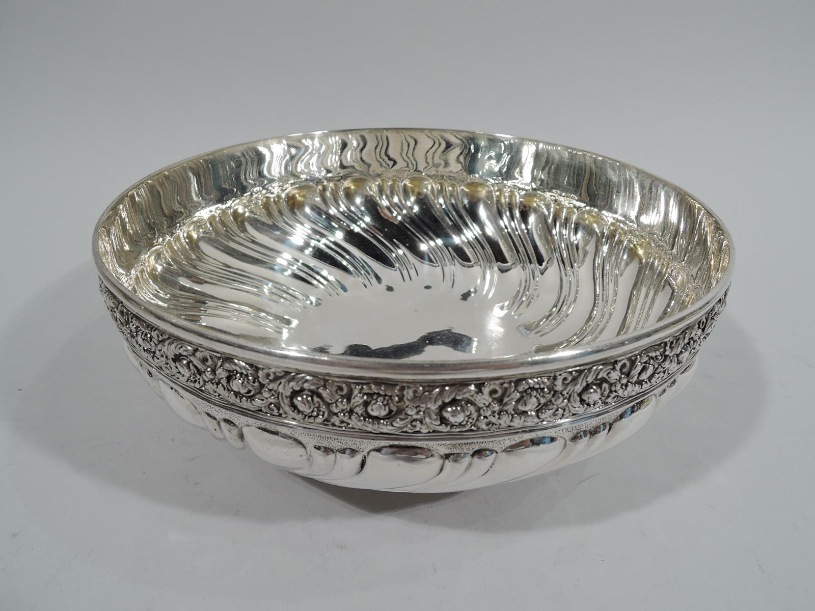 Victorian Classical sterling silver bowl. Made by Tiffany & Co. in New York. Round with curved sides and foot ring. Double narrow gadroons alternating with single wide gadroon. At rim is dense low-relief rinceaux border on stippled ground. Faint