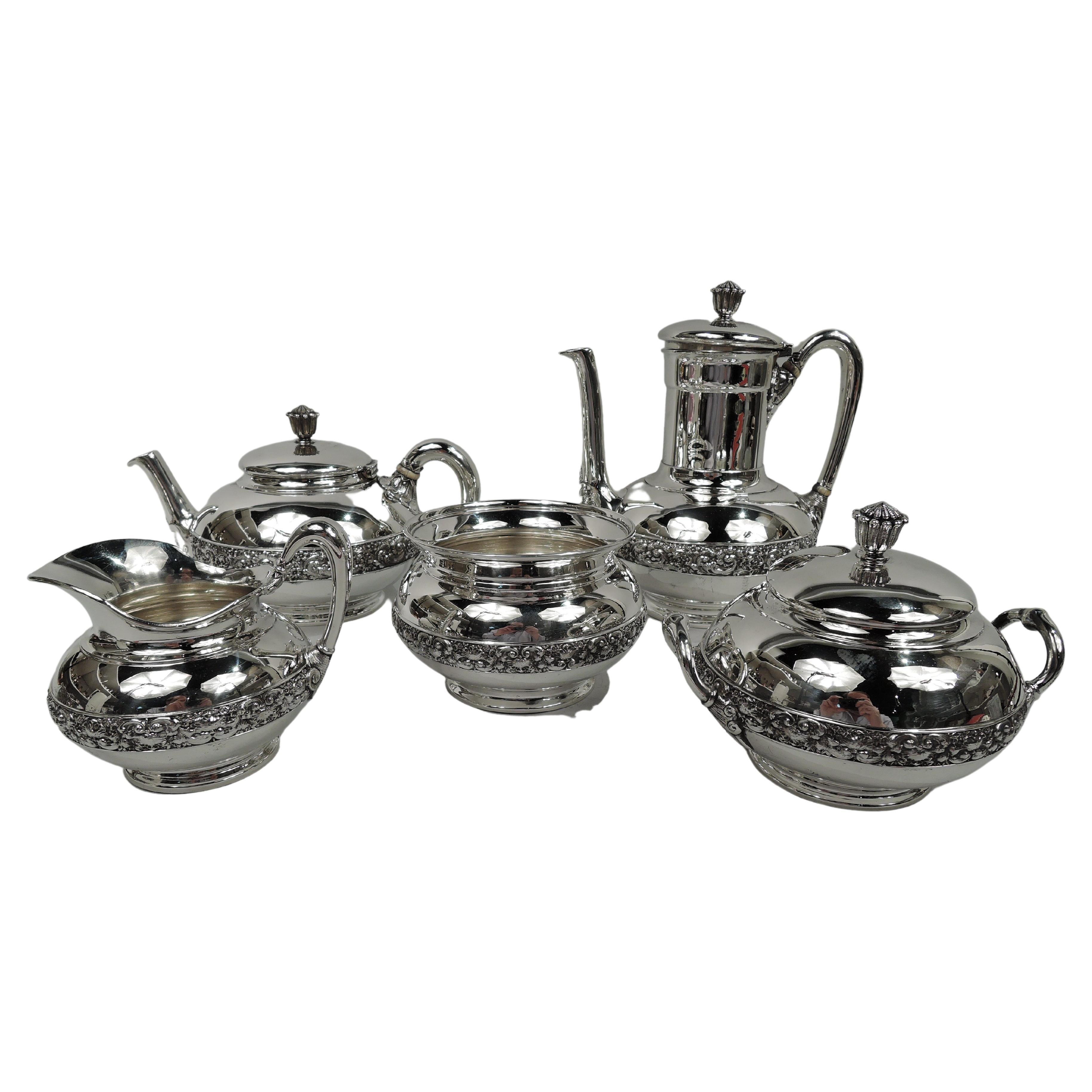 Antique Tiffany Victorian Classical Sterling Silver Coffee & Tea Set For Sale
