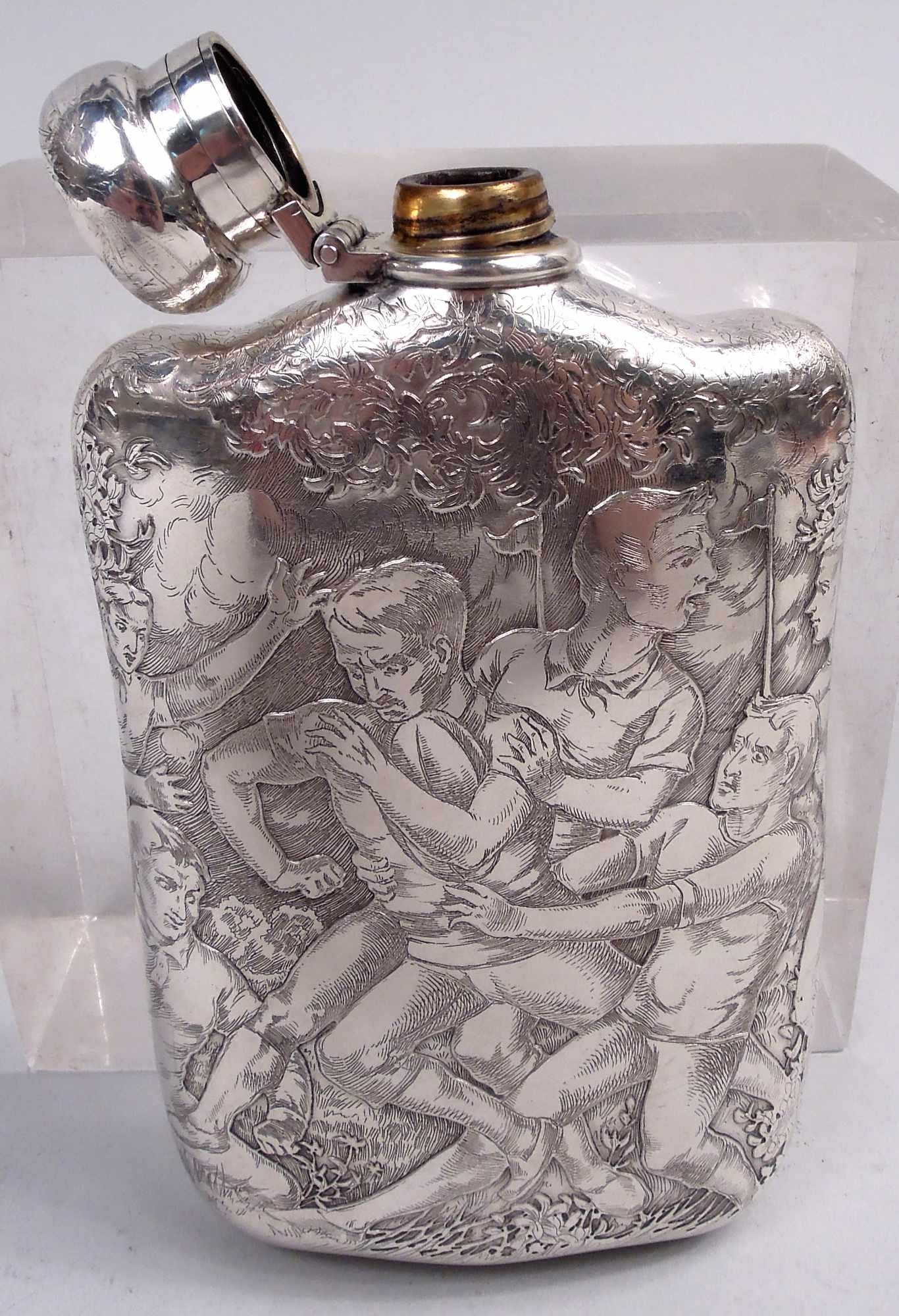 Etched Antique Tiffany Victorian Classical Sterling Silver Rugby Flask