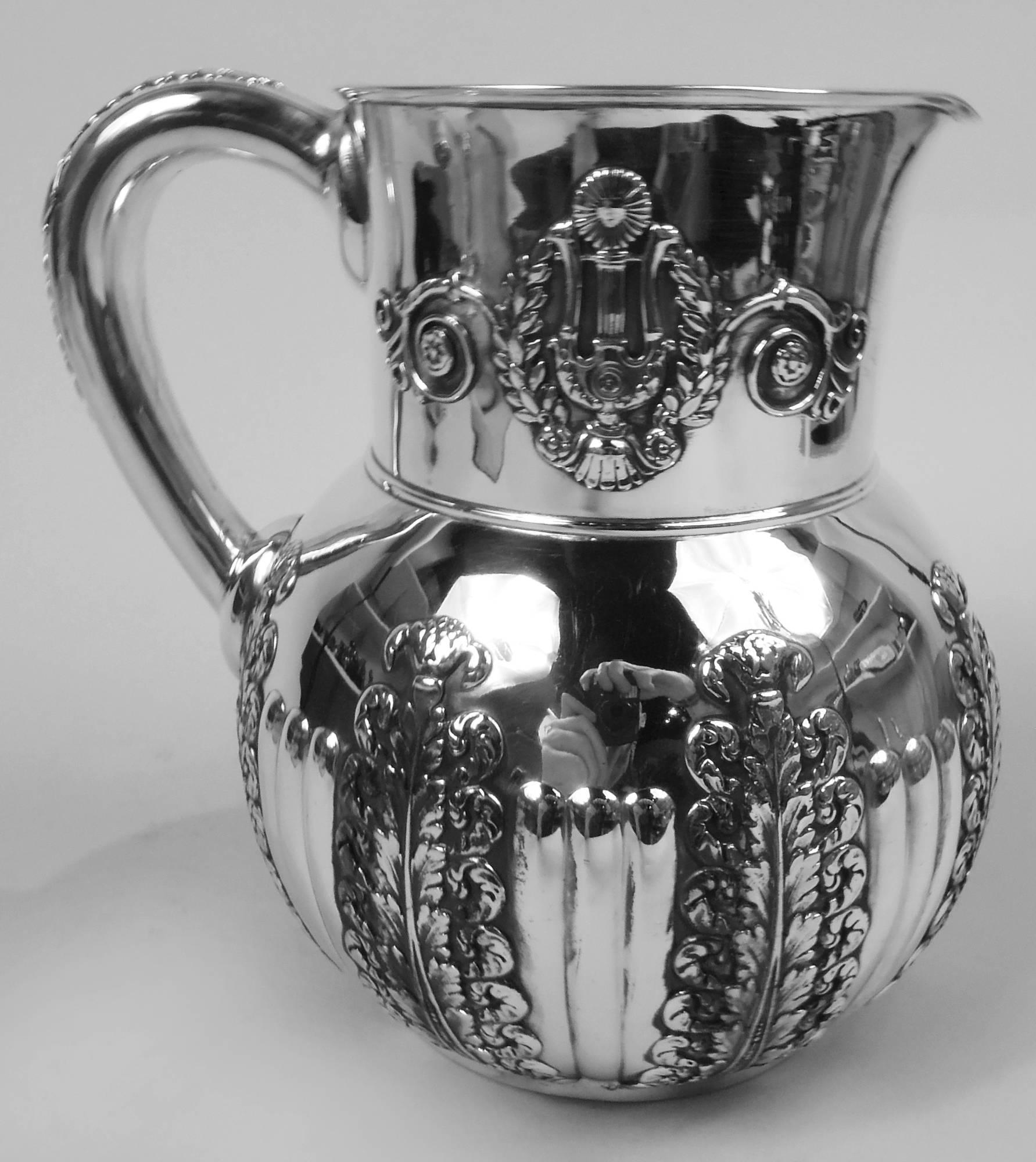 Appliqué Antique Tiffany Victorian Classical Sterling Silver Water Pitcher For Sale