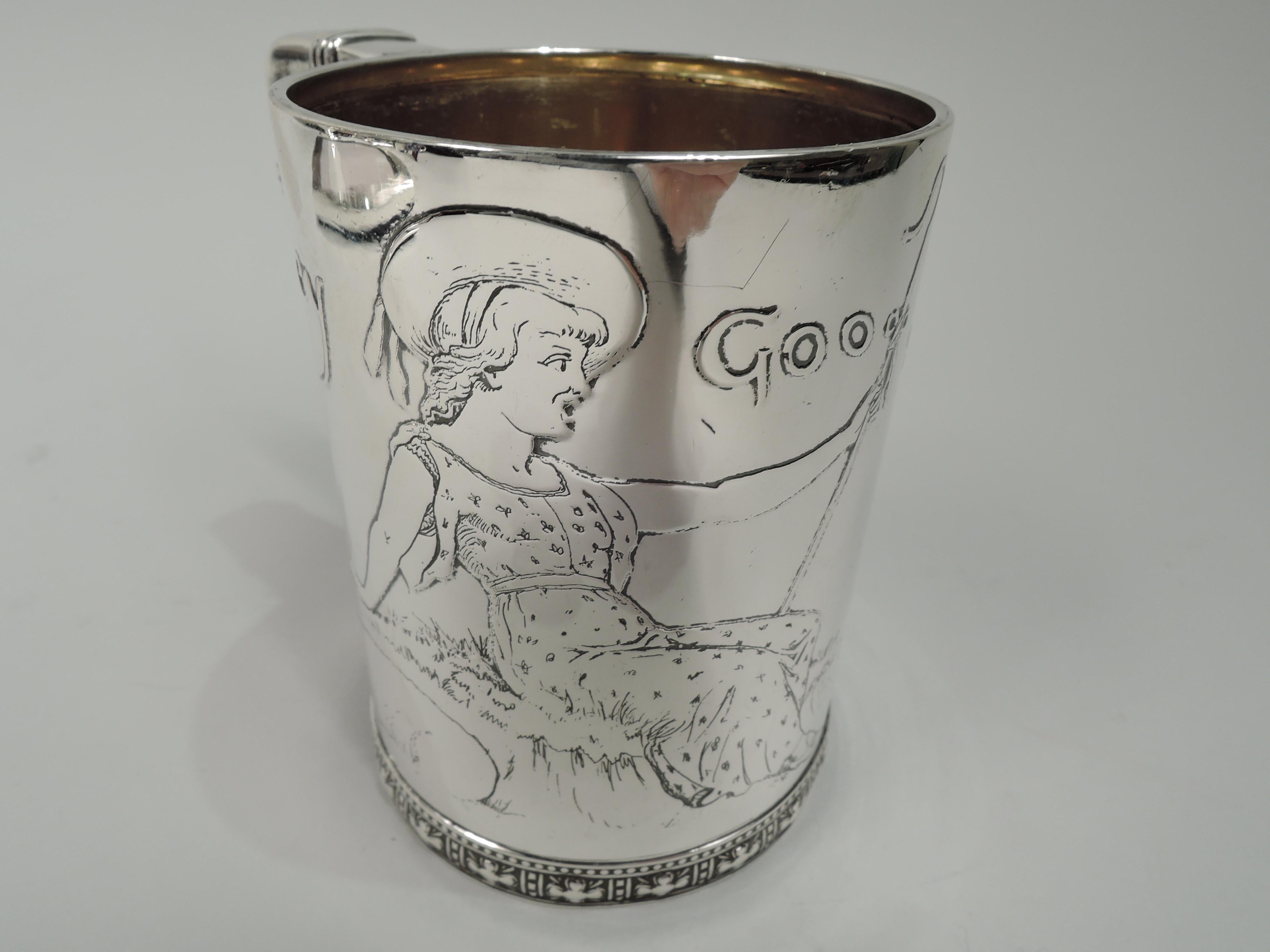 Victorian sterling silver baby cup. Made by Tiffany & Co. in New York. Straight sides and banded scroll-bracket handle. Low-relief base ornament with stylized flower heads and beading. Acid-etched depiction of Goosey Gander, an English nursery rhyme